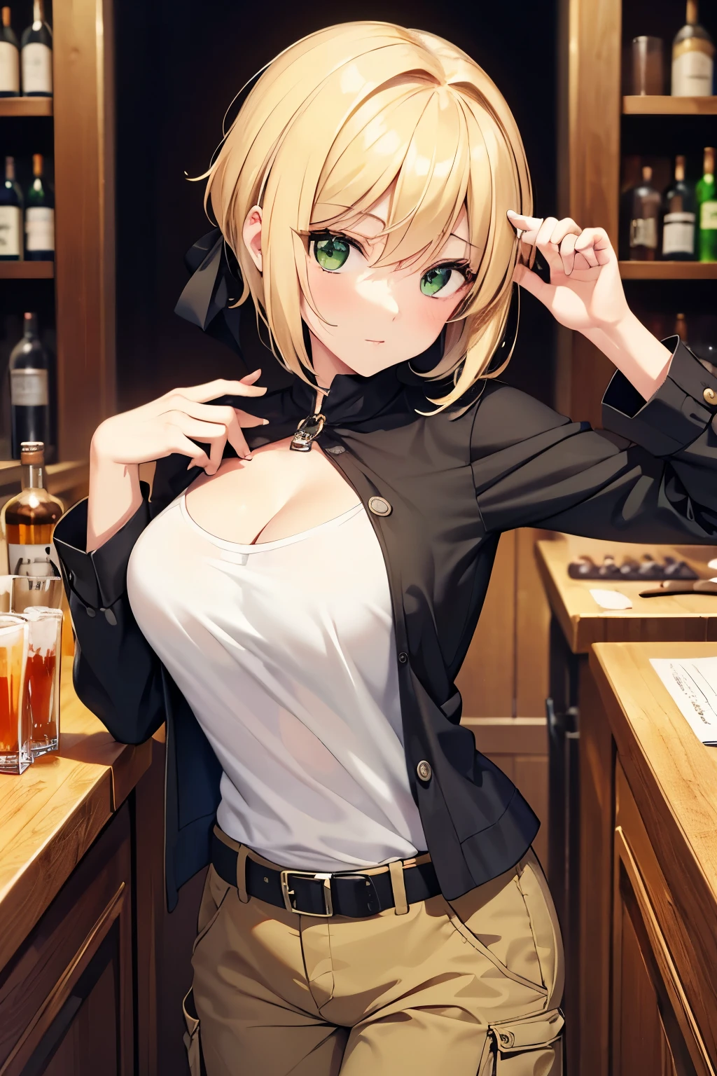 German ,upper class cute type beautiful woman who has lost him spouse by death and has not remarried. tinged with sadness,3, Blonde,wolf cut,short hair,green eyes, anime style,a face with darkness in its heart, ring on left hand ring finger,1960,widow,she own a bar as a hobby,T-shirt and cargo pants, The background is the bar's liquor cabinet,Smokeing