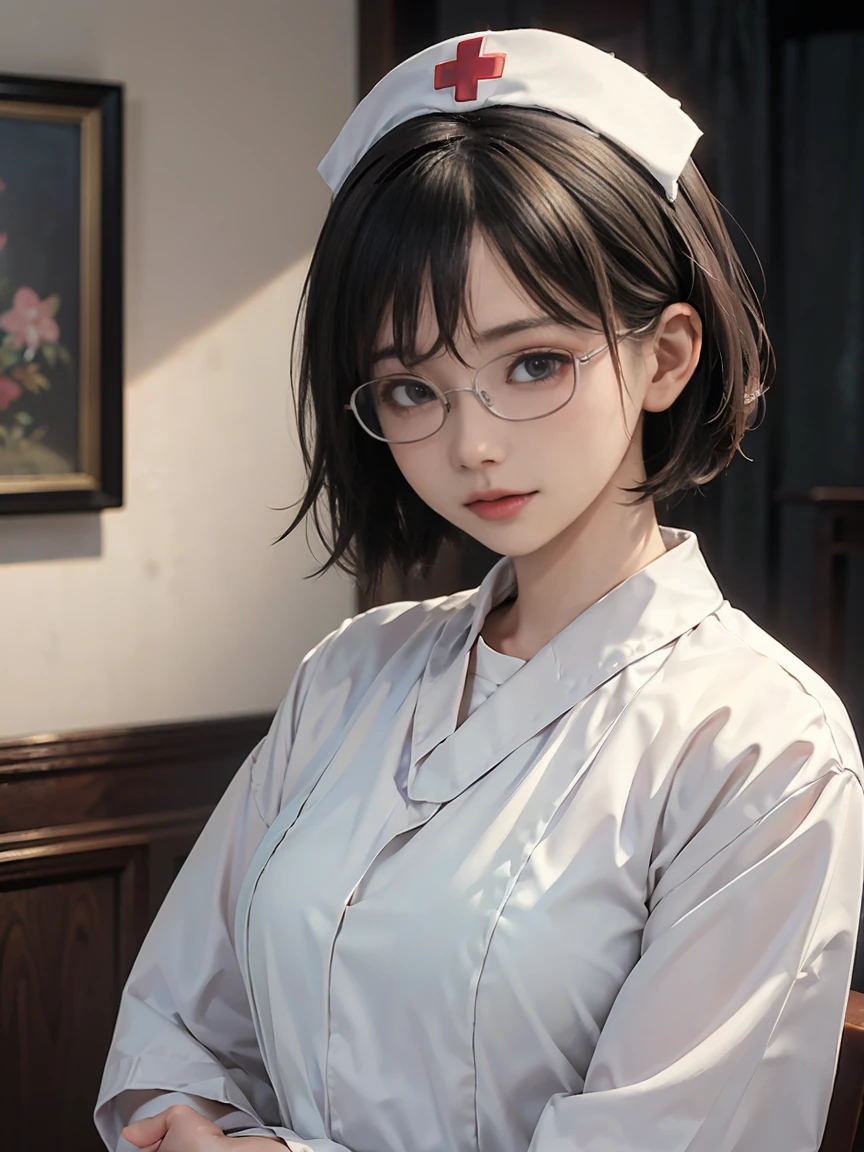 8k,最high quality,(masterpiece:1.2),(Realistic),(Realistic:1.37),超High resolution,1. ((Japanese women))、((Mature Woman))、((Married Woman))、(Draw the whole body)Droopy eyes,Beautiful teeth alignment,((Wear rimless glasses))、((Black short bob hair))、 Well-formed fingers,((とてもSmall breasts))((Small breasts))((Flat Chest))、Perfect body,Perfect Fingers,Beautiful Skin,Professional Writing,gravure,detailedな顔と肌の質感,fine grain,RAW Photos (非常にdetailedな肌),Curvy,Pale skin,(Fantasy art,最high quality,Dreamy portrait,(8k),Ultra-realistic,最high quality, high quality, High resolution, high quality texture,Attention to detail,Beautiful details,detailed,Extremely detailed CG,detailed Texture,Realisticな表情,In front of a masterpiece,dynamic),(Very Fine Hair),(Very soft hair),((Wearing a nurse uniform&#39;s uniform&#39;s uniform)), (( I can see her thighs )) (((Sit on a chair)))　(((Side view)))　(((She arches her back、Accentuates the curves of the legs and buttocks。.)))　(((The lines of the body are clearly visible)))、((((Beautiful body drawing)))　(((Accentuate your butt)))、(((Full body photo)))、(((Low Angle Photography)))、(((Correct ankle orientation)))(((The correct number of legs)))　(((Accurate Body Composition)))　(((Accurate rear visibility)))