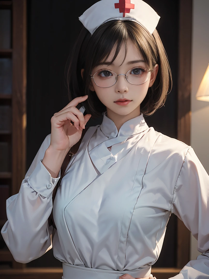 8k,最high quality,(masterpiece:1.2),(Realistic),(Realistic:1.37),超High resolution,1. ((Japanese women))、((Mature Woman))、((Married Woman))、(Draw the whole body)Droopy eyes,Beautiful teeth alignment,((Wear rimless glasses))、((Black short bob hair))、 Well-formed fingers,((とてもSmall breasts))((Small breasts))((Flat Chest))、Perfect body,Perfect Fingers,Beautiful Skin,Professional Writing,gravure,detailedな顔と肌の質感,fine grain,RAW Photos (非常にdetailedな肌),Curvy,Pale skin,(Fantasy art,最high quality,Dreamy portrait,(8k),Ultra-realistic,最high quality, high quality, High resolution, high quality texture,Attention to detail,Beautiful details,detailed,Extremely detailed CG,detailed Texture,Realisticな表情,In front of a masterpiece,dynamic),(Very Fine Hair),(Very soft hair),((Wearing a nurse uniform&#39;s uniform&#39;s uniform)), (( I can see her thighs )) (((Sit on a chair)))　(((Side view)))　(((She arches her back、Accentuates the curves of the legs and buttocks。.)))　(((The lines of the body are clearly visible)))、((((Beautiful body drawing)))　(((Accentuate your butt)))、(((Full body photo)))、(((Low Angle Photography)))、(((Correct ankle orientation)))(((The correct number of legs)))　(((Accurate Body Composition)))　(((Accurate rear visibility)))