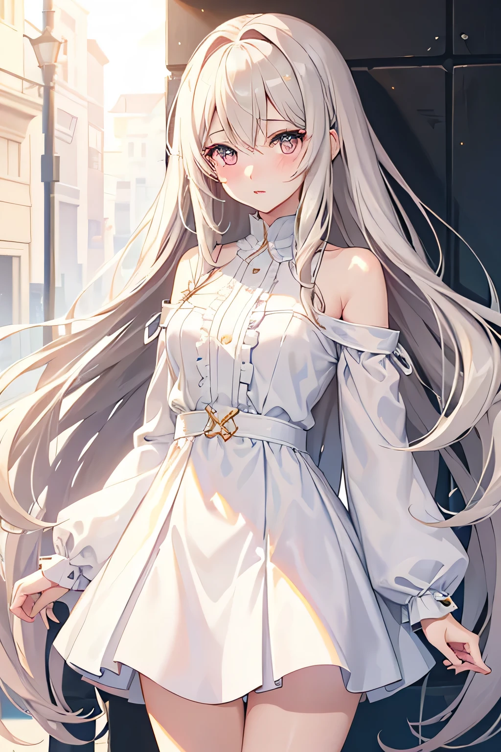 A woman wearing a white dress, exposed shoulders, big breasts, red eyes, white hair, smiling, white heels, standing on a concrete platform,(solo woman) ,UHD , prime work , accurate , anatomically correct , textured skin , super details , high quality , best quality, 8k, high resolution, bokeh effect.

