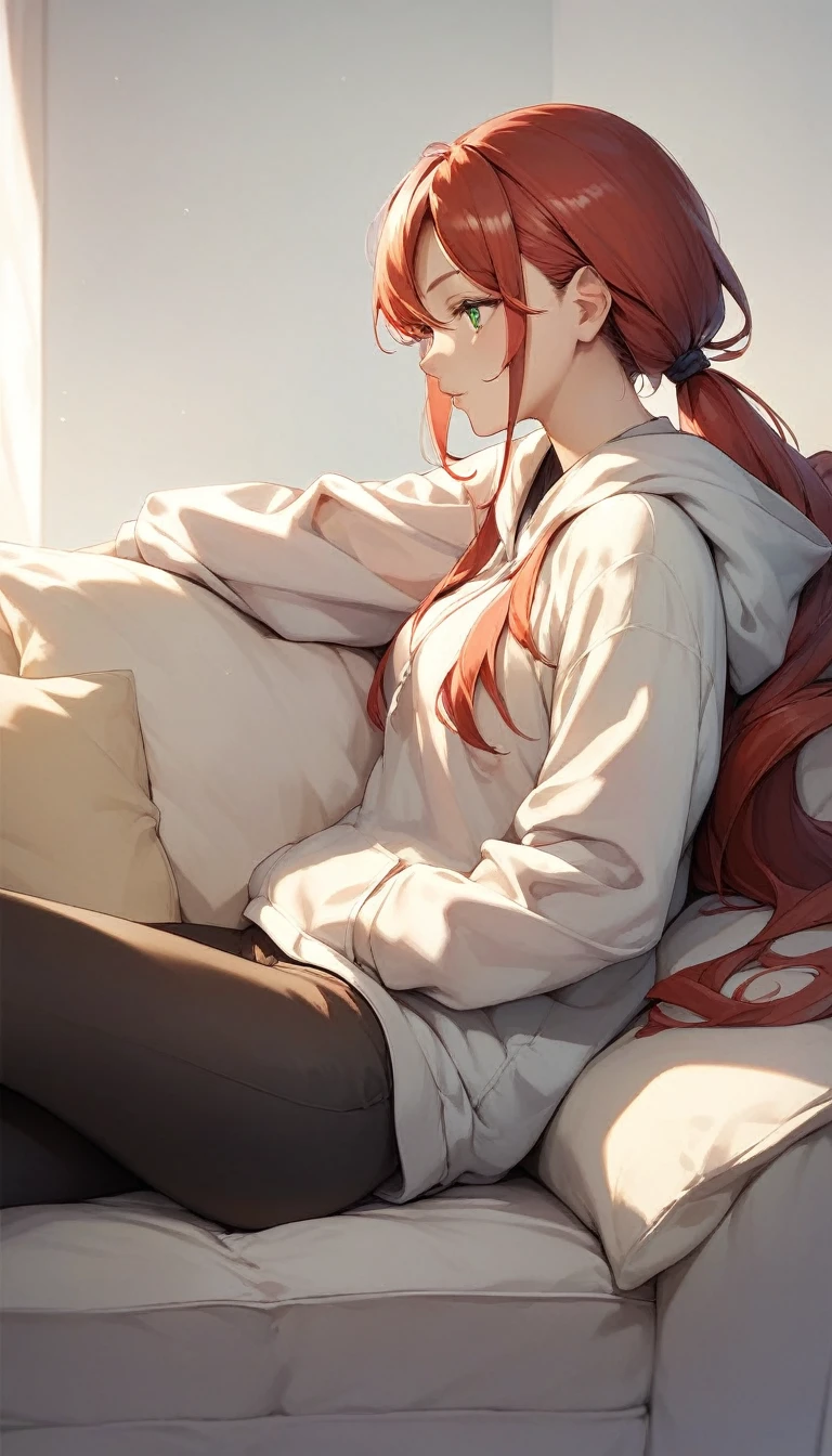 from side, there is, hoodie, One anime-style woman,  Red Hair, Long Hair, Long Ponytail, Green Eyes、Sitting on the sofa, Squint your eyes, Sulky look, Best Quality、masterpiece