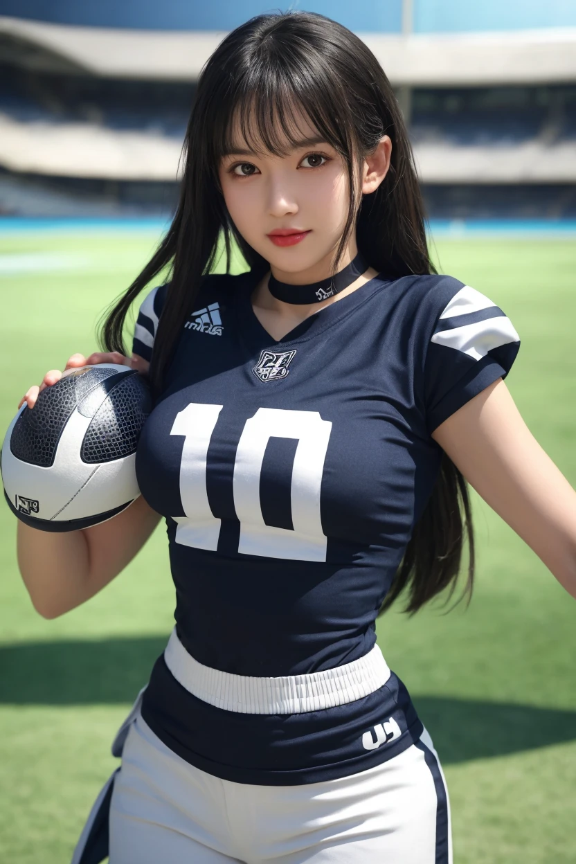 Beautiful girl, purple hair,tie your hair, huge breasts, wearing a tight football uniform, sexy post, in the football stadium.