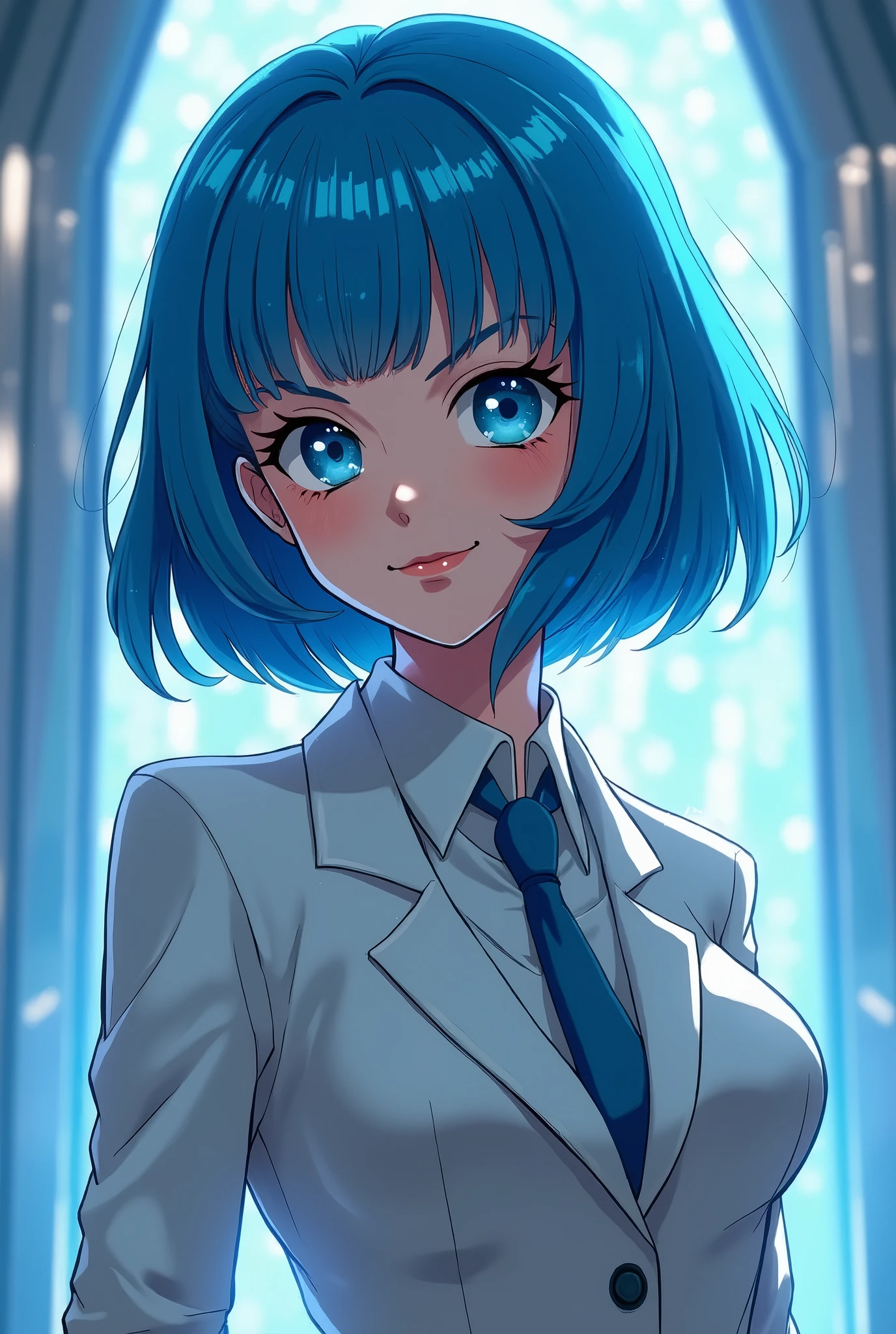 Anime girl with blue hair and blue eyes in a white suit - SeaArt AI