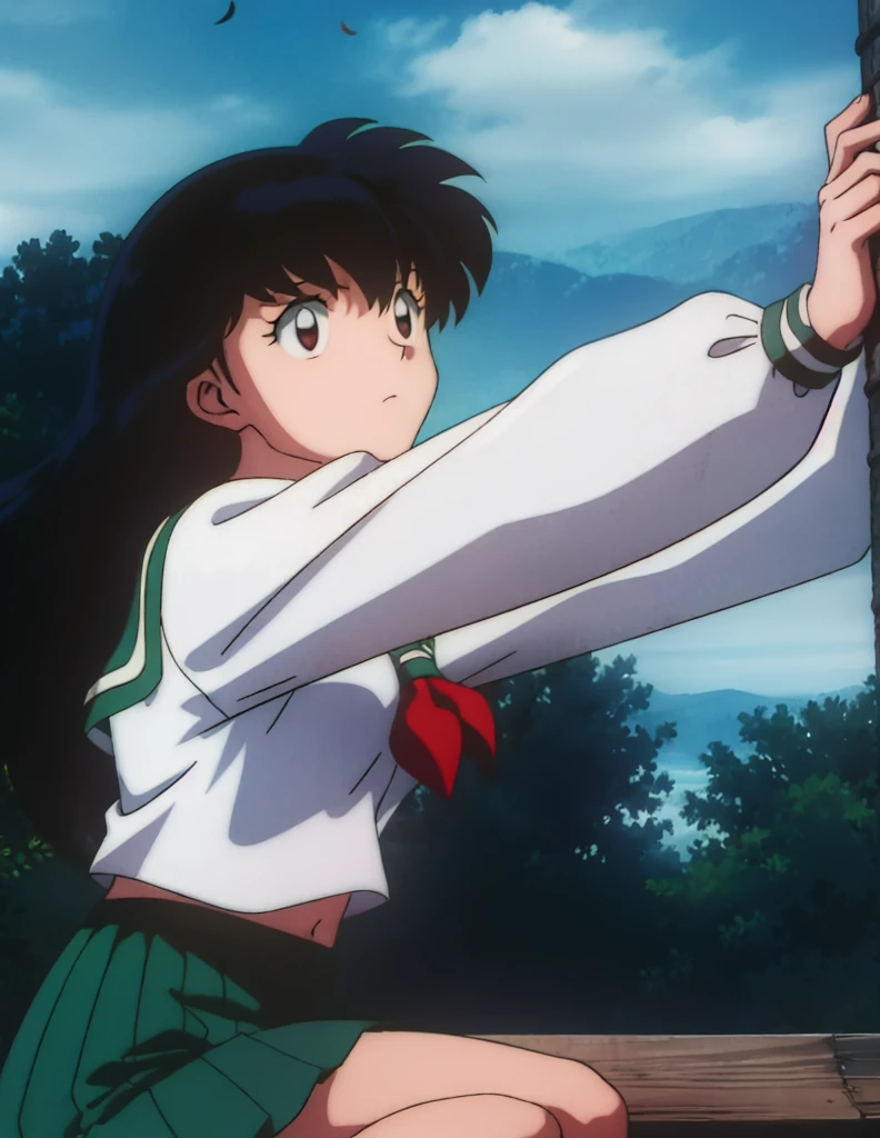 1girl, solo, outdoors, long hair, brown eyes, school uniform,(Masterpiece: 1.6, Best Quality), (Fine Beautiful Eyes: 1.2), (best quality, masterpiece, higher), green school uniform, soft thighs , long sleeves, white socks, scenery , Best Quality, ((anime)) ((Colored)) HD, Kagome Higurashi ,school uniforms, Standing, Green skirt, Red scarf, long hair, Black hair between the eyes, Thighs are soft, school background , black hair, skirt ,standing, green skirt, serafuku, belly button, pop, stretching, both arms up high, feather on belly button, scared, terrified, in fear