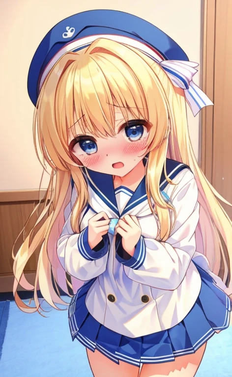 Beautiful long blonde　blue eyes　Embarrassing　Tears are overflowing from my eyes　A girl wearing a long-sleeved sailor suit　Pleated skirt　mini skirt　No underwear　Head Grabbing Fellatio　One person　One person女の子