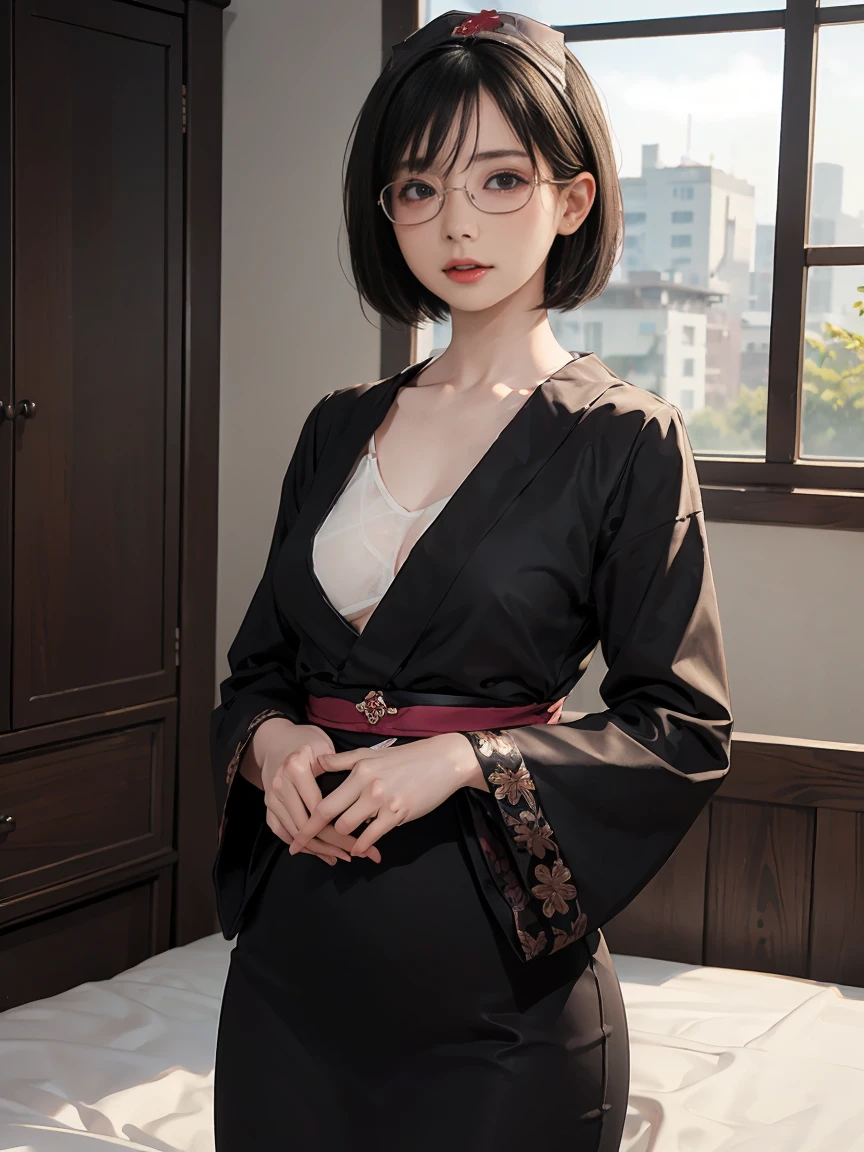 8k,最high quality,(masterpiece:1.2),(Realistic),(Realistic:1.37),超High resolution,1. ((Japanese women))、((Mature Woman))、((Married Woman))、(Please draw the whole body)Droopy eyes,Beautiful teeth alignment,((Wear rimless glasses))、((Black short bob hair))、 Well-formed fingers,((とてもSmall breasts))((Small breasts))((Flat Chest))、Perfect body,Perfect Fingers,Beautiful Skin,Professional Writing,gravure,detailedな顔と肌の質感,fine grain,RAW Photos (非常にdetailedな肌),Curvy,Pale skin,(Fantasy art,最high quality,Dreamy portrait,(8k),Ultra-realistic,最high quality, high quality, High resolution, high quality texture,Attention to detail,Beautiful details,detailed,Extremely detailed CG,detailed Texture,Realisticな表情,In front of a masterpiece,dynamic),(Very thin hair),(Very soft hair),((Wearing a nurse&#39;s uniform&#39;s uniform&#39;s uniform)), (( I can see her thighs )) (((Sit on a chair)))　(((Side view)))　(((She arches her back、Accentuates the curves of your legs and buttocks。.)))　(((The lines of the body are clearly visible)))、((((Beautiful body drawing)))　(((Accentuate your butt)))、(((Full body photo)))、(((Low angle photo)))、(((Correct ankle orientation)))(((The correct number of legs)))　(((Accurate Body Composition)))　(((Accurate rear visibility)))