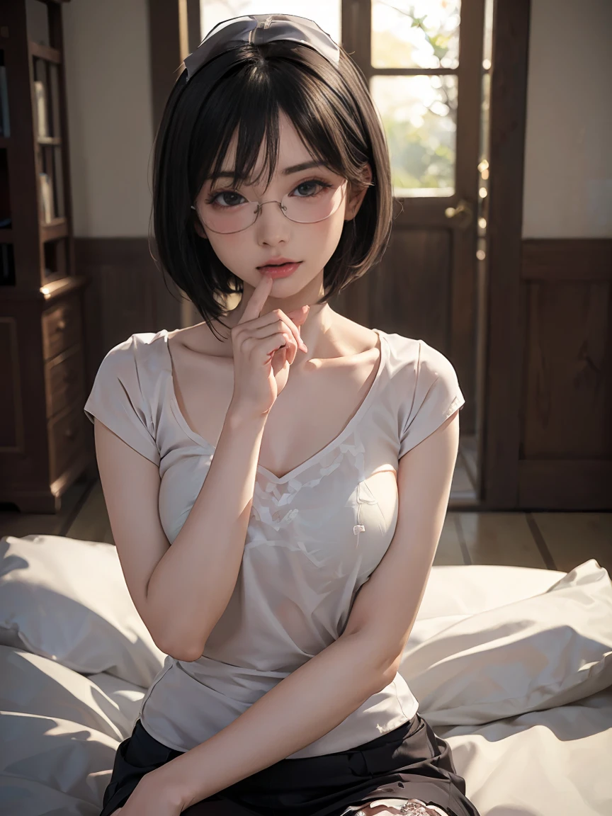 8k,最high quality,(masterpiece:1.2),(Realistic),(Realistic:1.37),超High resolution,1. ((Japanese women))、((Mature Woman))、((Married Woman))、(Please draw the whole body)Droopy eyes,Beautiful teeth alignment,((Wear rimless glasses))、((Black short bob hair))、 Well-formed fingers,((とてもSmall breasts))((Small breasts))((Flat Chest))、Perfect body,Perfect Fingers,Beautiful Skin,Professional Writing,gravure,detailedな顔と肌の質感,fine grain,RAW Photos (非常にdetailedな肌),Curvy,Pale skin,(Fantasy art,最high quality,Dreamy portrait,(8k),Ultra-realistic,最high quality, high quality, High resolution, high quality texture,Attention to detail,Beautiful details,detailed,Extremely detailed CG,detailed Texture,Realisticな表情,In front of a masterpiece,dynamic),(Very thin hair),(Very soft hair),((Wearing a nurse&#39;s uniform&#39;s uniform&#39;s uniform)), (( I can see her thighs )) (((Sit on a chair)))　(((Side view)))　(((She arches her back、Accentuates the curves of your legs and buttocks。.)))　(((The lines of the body are clearly visible)))、((((Beautiful body drawing)))　(((Accentuate your butt)))、(((Full body photo)))、(((Low angle photo)))、(((Correct ankle orientation)))(((The correct number of legs)))　(((Accurate Body Composition)))　(((Accurate rear visibility)))