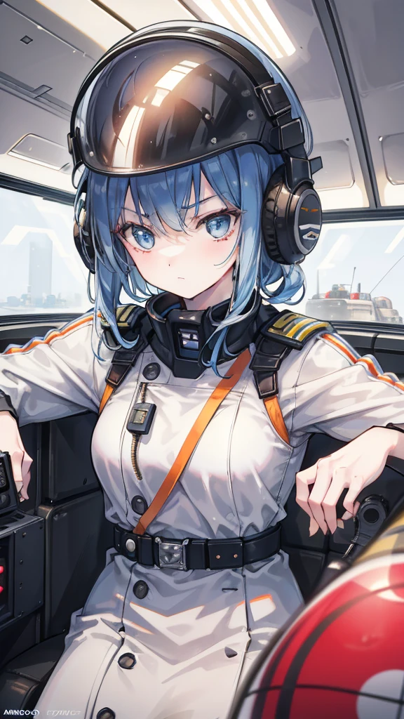 1girl, battletech pilot uniform, blue hair, pantyhose, red eyes