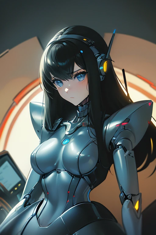 (masterpiece),(Highest quality),(Super detailed),(Best illustrations),(Best Shadow),(Absurd),(Detailed Background),(so beautiful), 16K, 8K, 4K,(Best Shadow),robotization,woman ,big bust,Robot Joint ,Metal skin,Black robot Suit,long hair,a black robot suit that covers the whole body,robot hand,cyber bodysuit,mecha head,(Detailed hands and fingers:1.2),Ball joint robot body,doll joint,beautiful face,beautiful robot girl,robotic eye,robotic hands,(no more human skin),android girl,cyborg girl,F cup, sexy body,(machine made joints:1.2),(machanical limbs:1.1),(blood vessels connected to tubes),(mechanical vertebra attaching to back),(mechanical cervial attaching to neck),no messy picture style,slim robot suit,makise kurisu(steins gate)