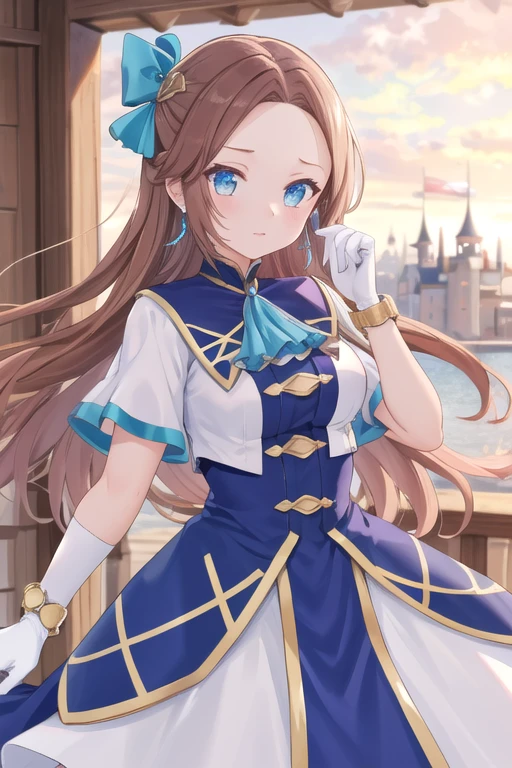 masterpiece, (Best quality:1.2), highres, (scenary:1.2), light, 1girl, solo, KatarinaClaes, asymmetrical bangs, earrings, hair bow, blue dress, long dress, high collar, ascot, brooch, white gloves, bracelet, scenary /( Royalty castle/), ruffles,