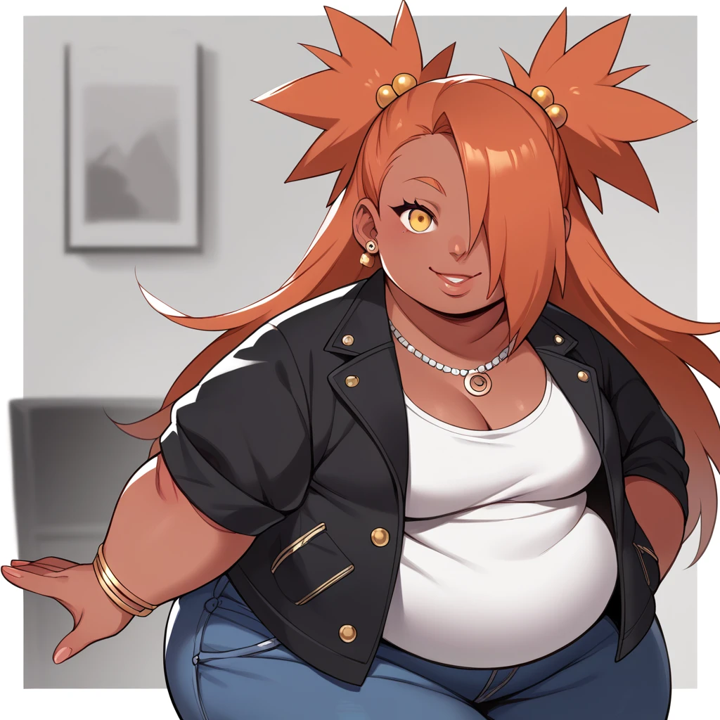 score_9, score_8_up, score_7_up, score_6_up, score_5_up, score_4_up, source_anime, rating_safe, BREAK chouchou akimichi,1girl,dark-skinned female,Obese,orange hair,hair over one eye,two side up,long hair, Obese body, yellow eyes,hair bobbles,jewelry,earrings,black jacket,necklace,white turtleneck shirt,blue short jeans,black thighhighs,big breats,cleavage,