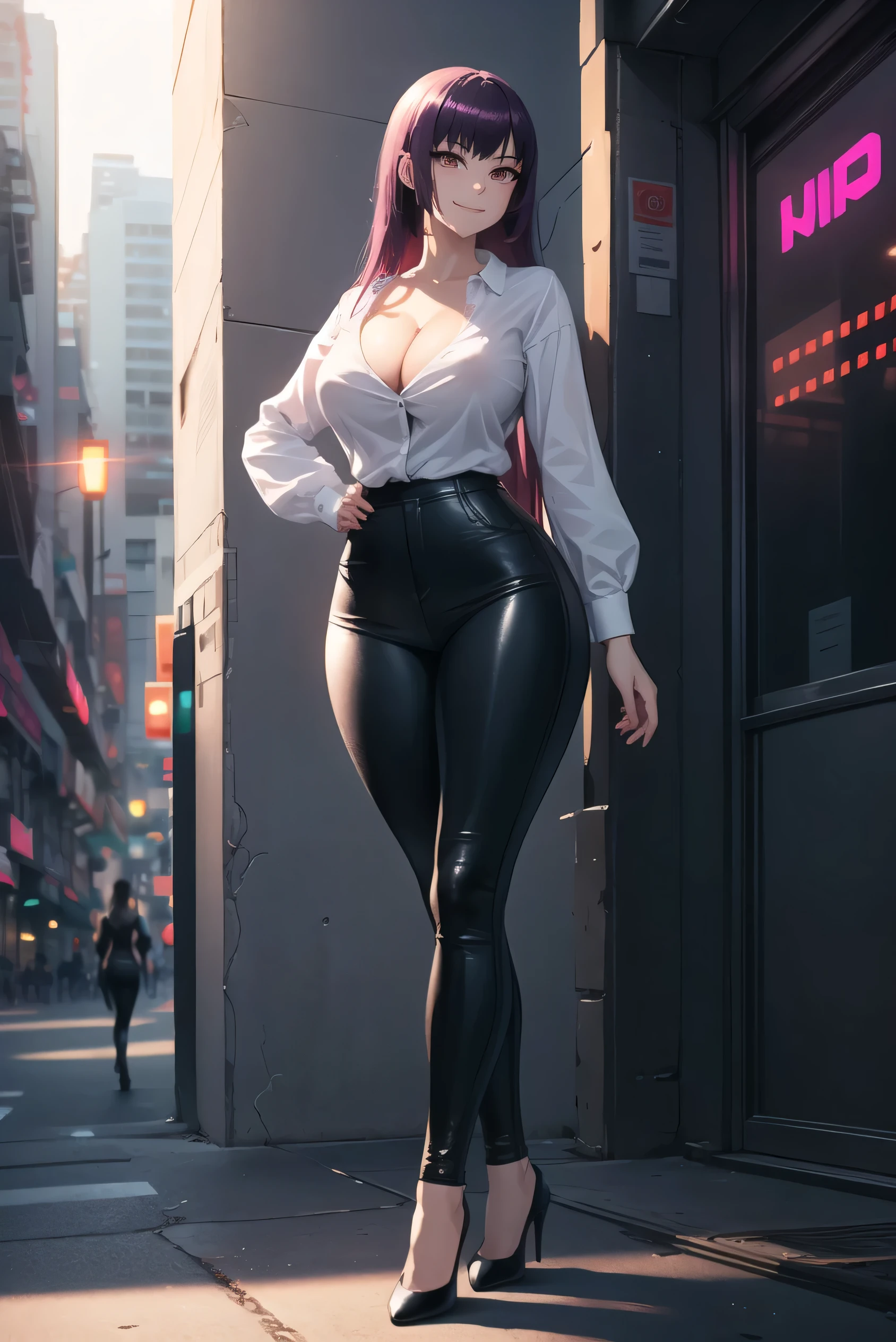 1 girl, 19y, Long purple hair, purple eyes with slit pupils, master-piece, best quality, (standing up), (white shirt), (tight long sleeve white crop blouse, black pants, bright red heels, cleavage), (Big , ultra gigantic , Super super big, Glamorous body), Make eye contact with the camera, front figure, looking forward, (light_Smile:1.5), (Detailed hands and fingers:1.2) (Cyberpunk City), (FULL BODYSHOT), thighs thighs thighs thighs、beauty legs、Bare legs