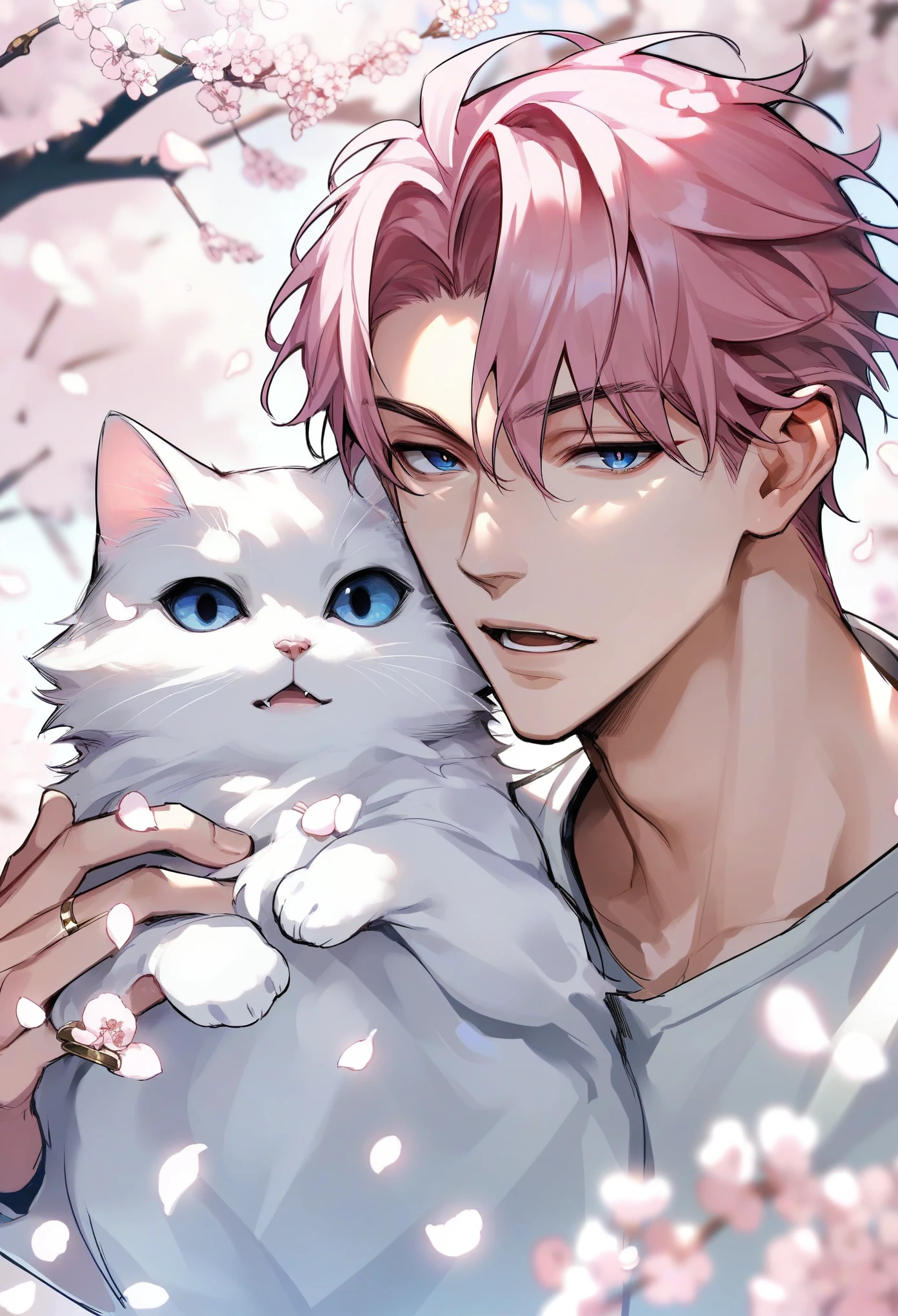 muksal,1boy,cat,blue eyes,pink hair,ring,open mouth,cherry blossoms,looking at viewer,animal,petals,solo,white shirt,white cat,bangs,handsome,, score_9,score_8_up,score_7_up,source_anime,