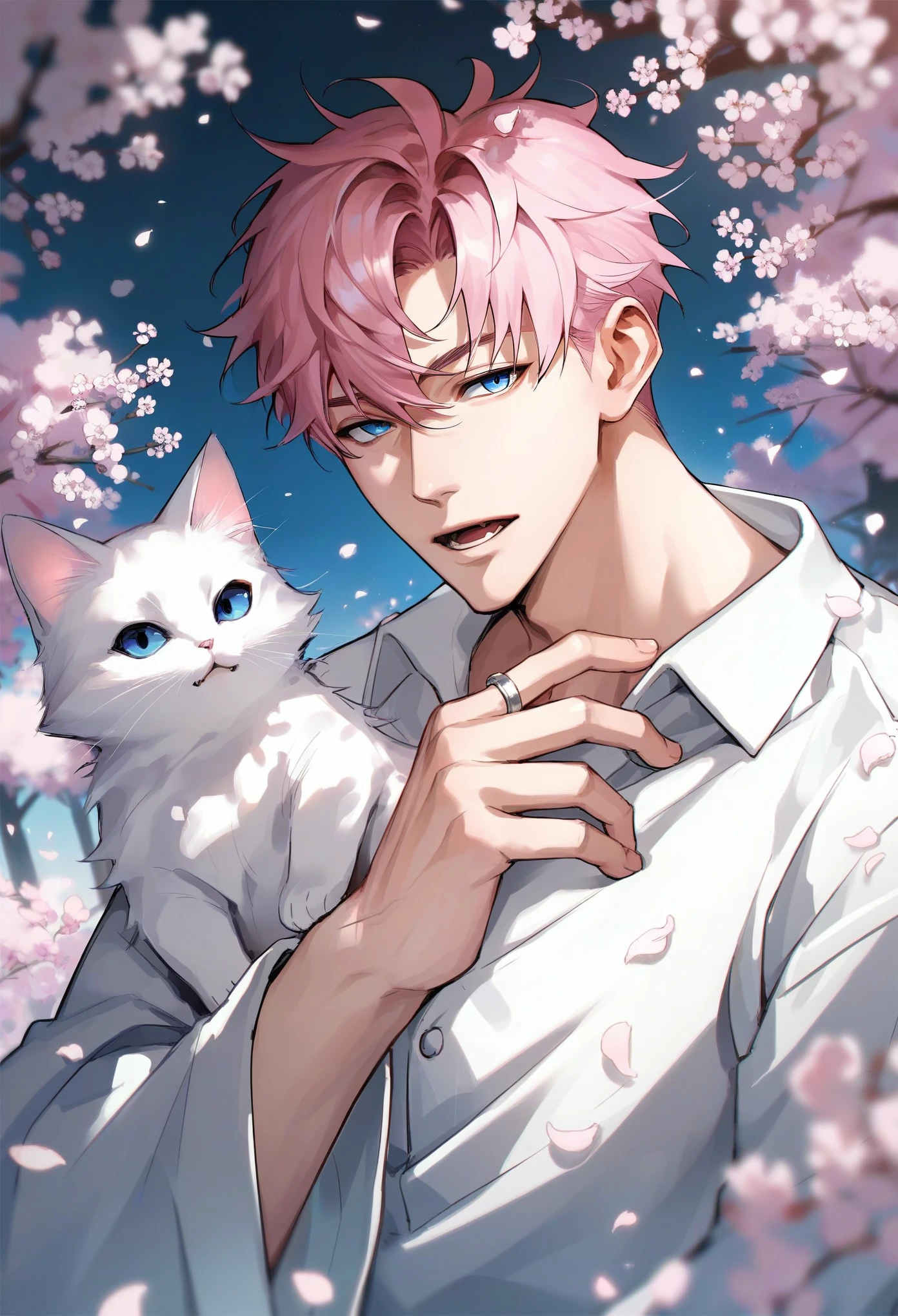 muksal,1boy,cat,blue eyes,pink hair,ring,open mouth,cherry blossoms,looking at viewer,animal,petals,solo,white shirt,white cat,bangs,handsome,, score_9,score_8_up,score_7_up,source_anime,