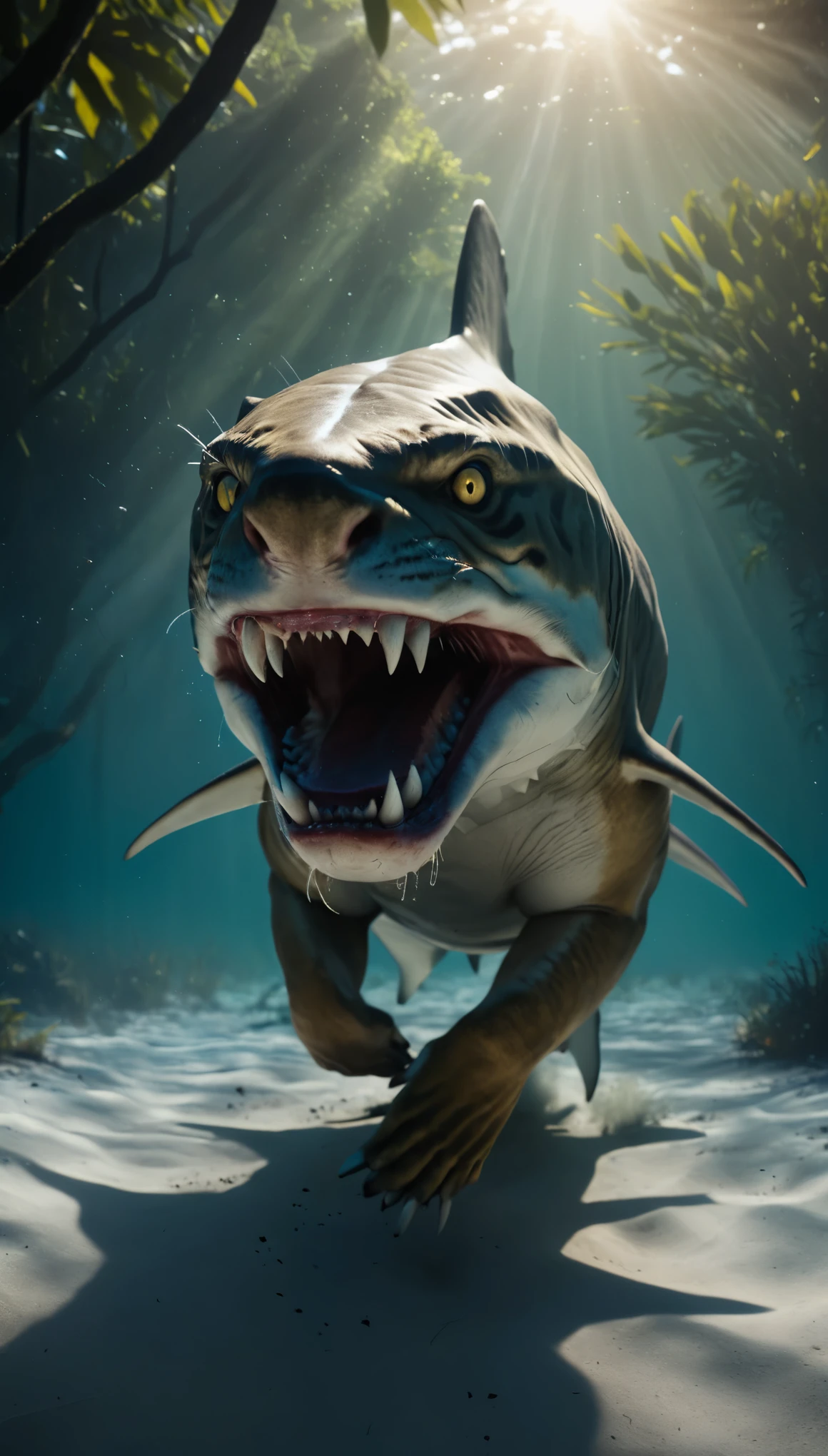 a powerful tiger shark hybrid, prowling the jungle, sharp teeth, muscular tiger body, shark head, razor-sharp claws, glowing yellow eyes, menacing presence, dynamic movement, photorealistic, unreal engine, 8k, highly detailed, cinematic lighting, dramatic shadows, vibrant colors, gritty texture