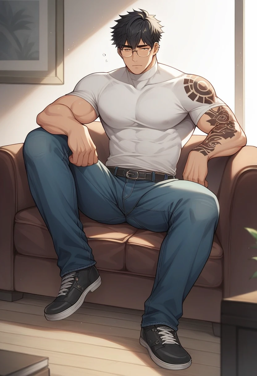 Nude handsome man hairy muscular hunk body wearing black tank top only bottomless, flashing his big and long hard veiny hairless cock and showing his armpits while sitting on his throne