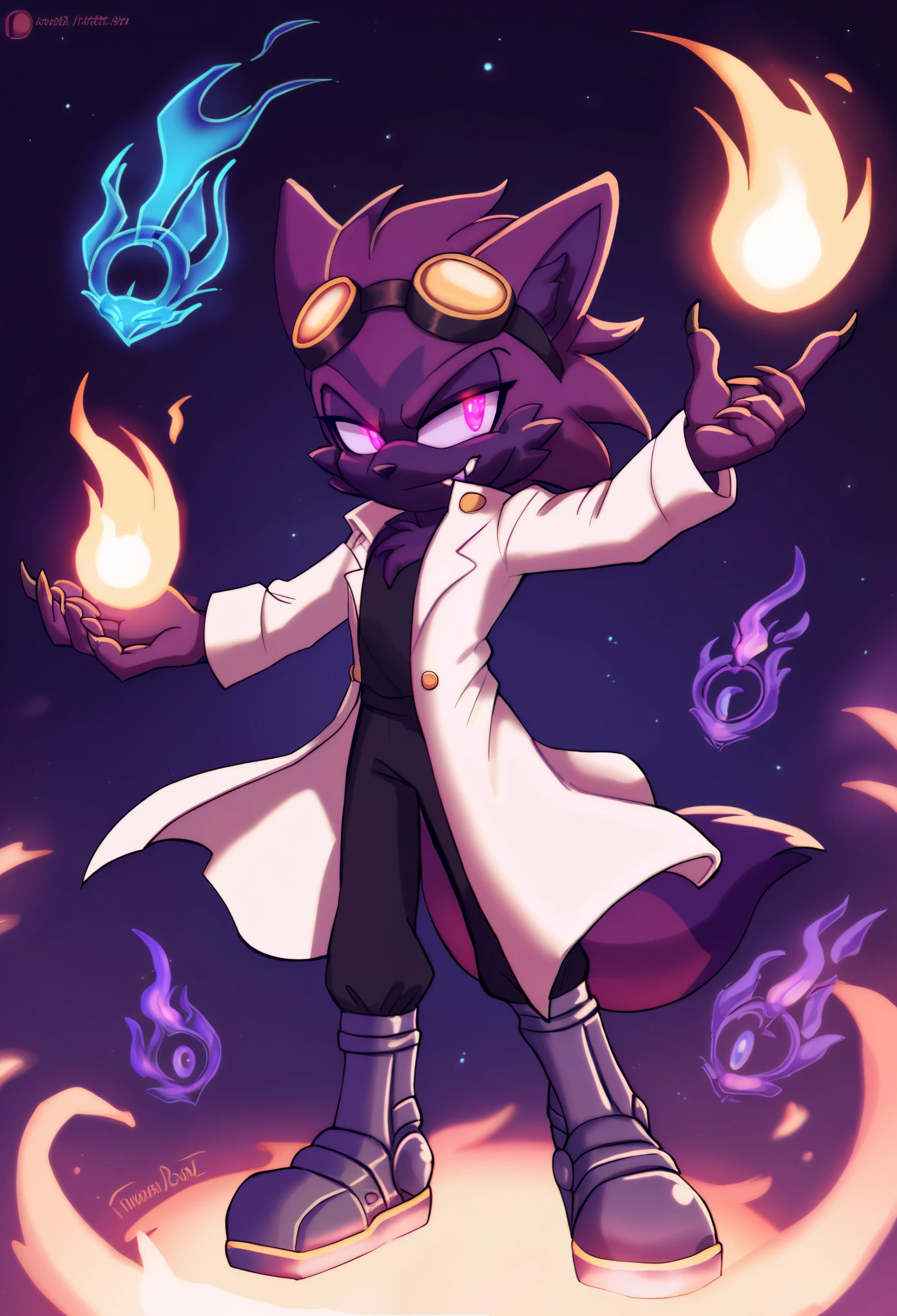 1boy, male fox mobian, anthropomorphic, galaxy fur, void black fur with stars, glowing purple eyes, mischievous smile, sharp vampiric fangs, wearing a white lab coat, black t-shirt, black pants, lab coat with various pockets, steel-toed boots, sharp steel claws, Goggles, amethyst gemstone on forehead and back of hands, wielding dark shadow flames, dark purple shadow energy, sleek and sharp figure, confident pose, space aesthetic, dark, cool lighting, mysterious, ethereal, focused, dynamic action scene, sci-fi, high quality, detailed, detailed face, extremely detailed eyes, masterpiece, 4k, 8k, high-res, ultra-detailed, physically-based rendering, vivid colors, studio lighting cinematic lighting, dramatic lighting, fantasy, dramatic composition, dynamic pose, volumetric lighting, glowing runes, ethereal runes, rune-covered body, magical aura, purple energy, enchanted markings, shadow magic, magical aura intricate details, glowing magical energy, Ethereal runes, glowing eyes, breathtaking scenery, enchanted markings, nature magic, intricate details, glowing magical energy, Full body
