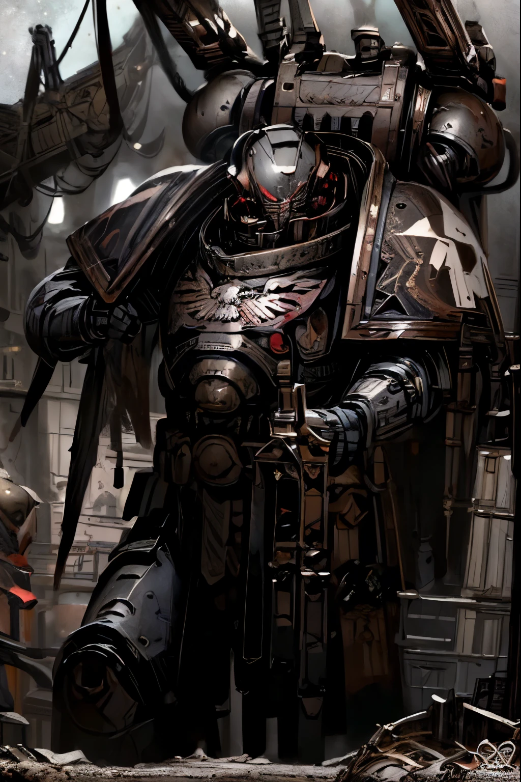 (masterpiece, best quality, perfect face, expressive eyes), intricate details, detailed, iron warrior, iron armor, grey armor, caution markings, space marine, adult, steampunk, smoke, machines, cinematic lighting, dramatic shadows, vibrant colors, digital painting, concept art,