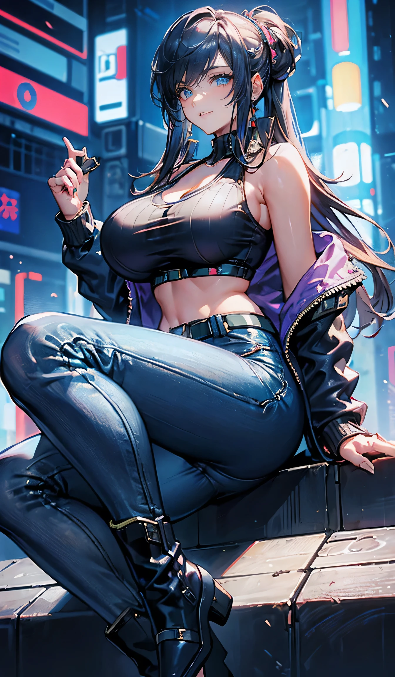 ((Big Breasts,cyberpunk,Navy blue jacket,Tank tops)),beautiful, masterpiece, Best Quality,Beauty, Look at the viewers,smile,boots,Smiling,Facing forward,neon lights,Denim pants