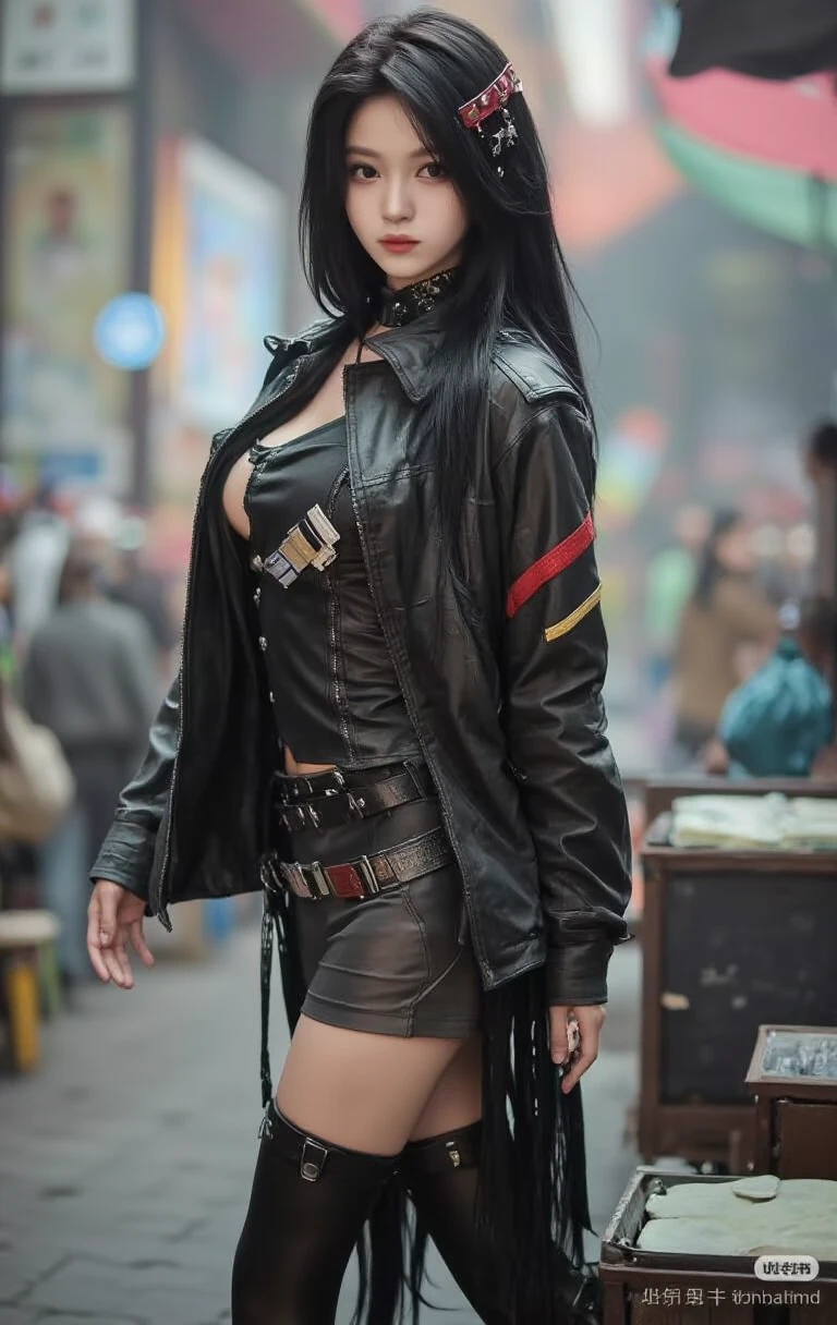 police, beautiful woman, medium dark long hair, big chest. Black Sunglasses, Black Clothing, Rivets, Just One Body, Walking, In the Ruins