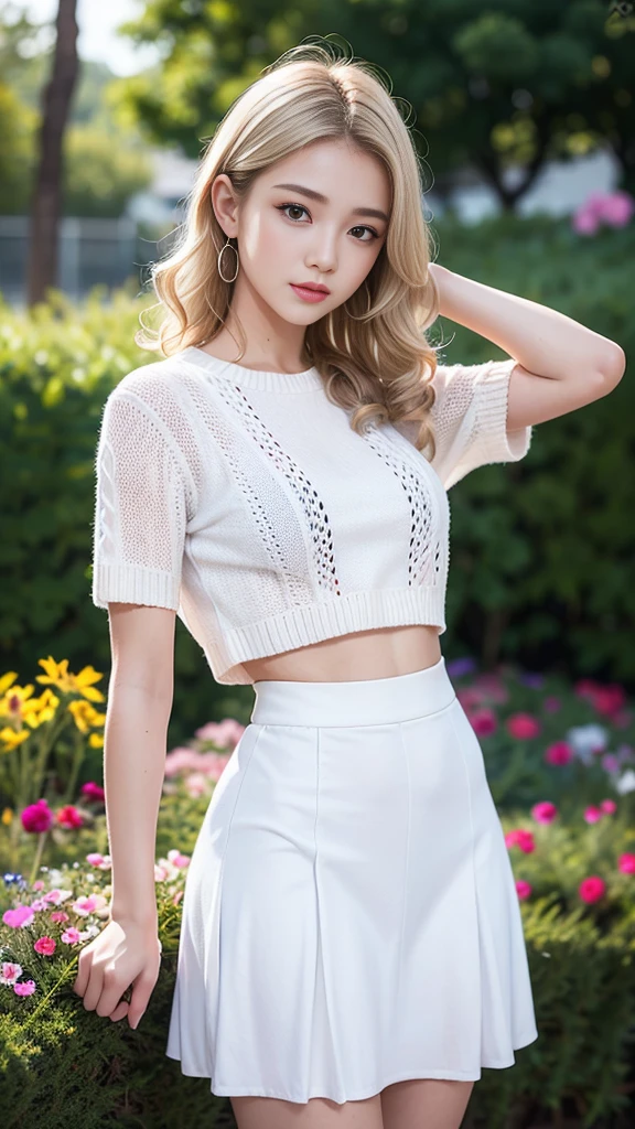 masterpiece, Ultra-high resolution, 4K, Best Quality, 1 person, (whole body), Beautiful and exquisite face, Beautiful, smooth skin, Skin Texture, , high school stmic pose, Curly Hair, Blonde mesh hair color, Standing pose, (Cosmos), Flower Garden Knit, White long skirt