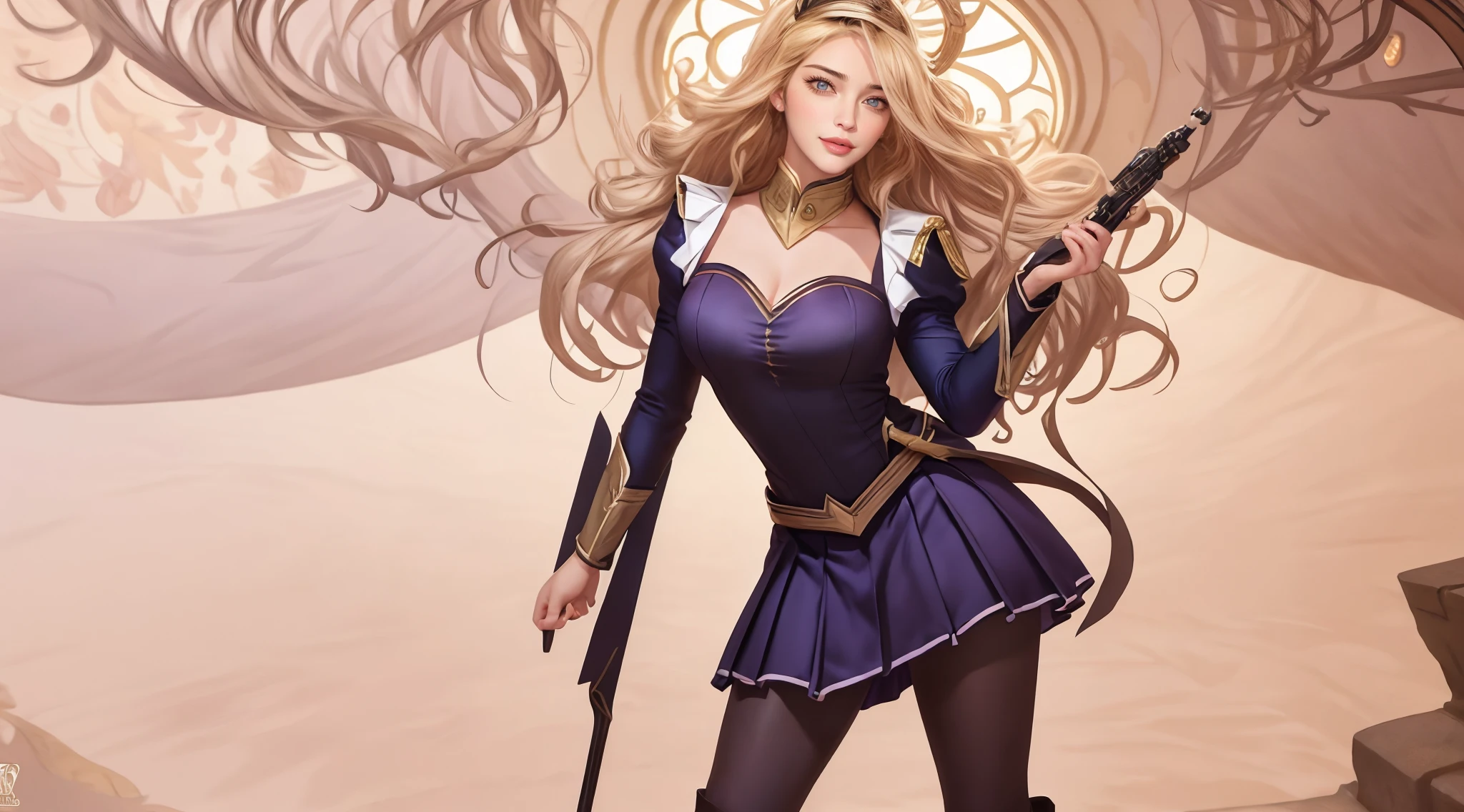 Lux(League of Legends), 1girl, solo, medium hair, blond hair, she's wearing a nightgown, sitting, on bed, bedsheets, her leg and thigh are revealed,