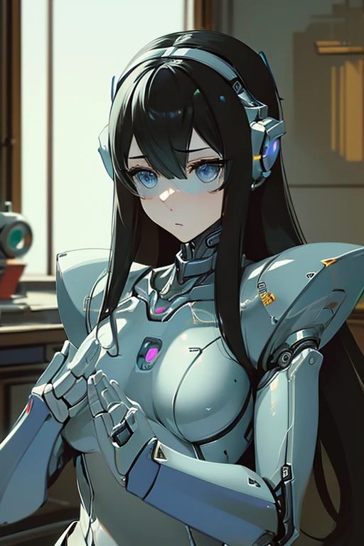 (masterpiece),(Highest quality),(Super detailed),(Best illustrations),(Best Shadow),(Absurd),(Detailed Background),(so beautiful), 16K, 8K, 4K,(Best Shadow),robotization,woman ,big bust,Robot Joint ,Metal skin,Black robot Suit,long hair,a black robot suit that covers the whole body,robot hand,cyber bodysuit,mecha head,(Detailed hands and fingers:1.2),Ball joint robot body,doll joint,beautiful face,beautiful robot girl,robotic eye,robotic hands,(no more human skin),android girl,cyborg girl,F cup, sexy body,(machine made joints:1.2),(machanical limbs:1.1),(blood vessels connected to tubes),(mechanical vertebra attaching to back),(mechanical cervial attaching to neck),no messy picture style,slim robot suit,makise kurisu(steins gate)