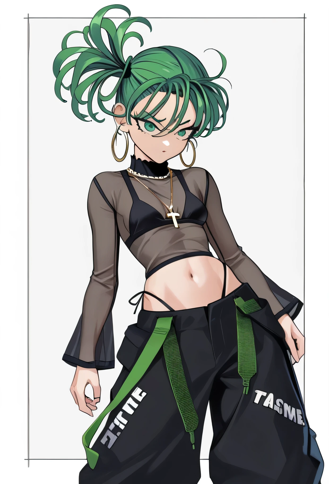 tatsumaki,green hair,curly hair,green eyes short hair,medium breast ,Side Ponytail, black bra, long sleeves, mesh crop top, baggy pants,black pants,
highleg panties , earrings,hoop earrings,cross necklace,jewelry,poese.medium breasts
High Resolution, Masterpiece, High Quality,