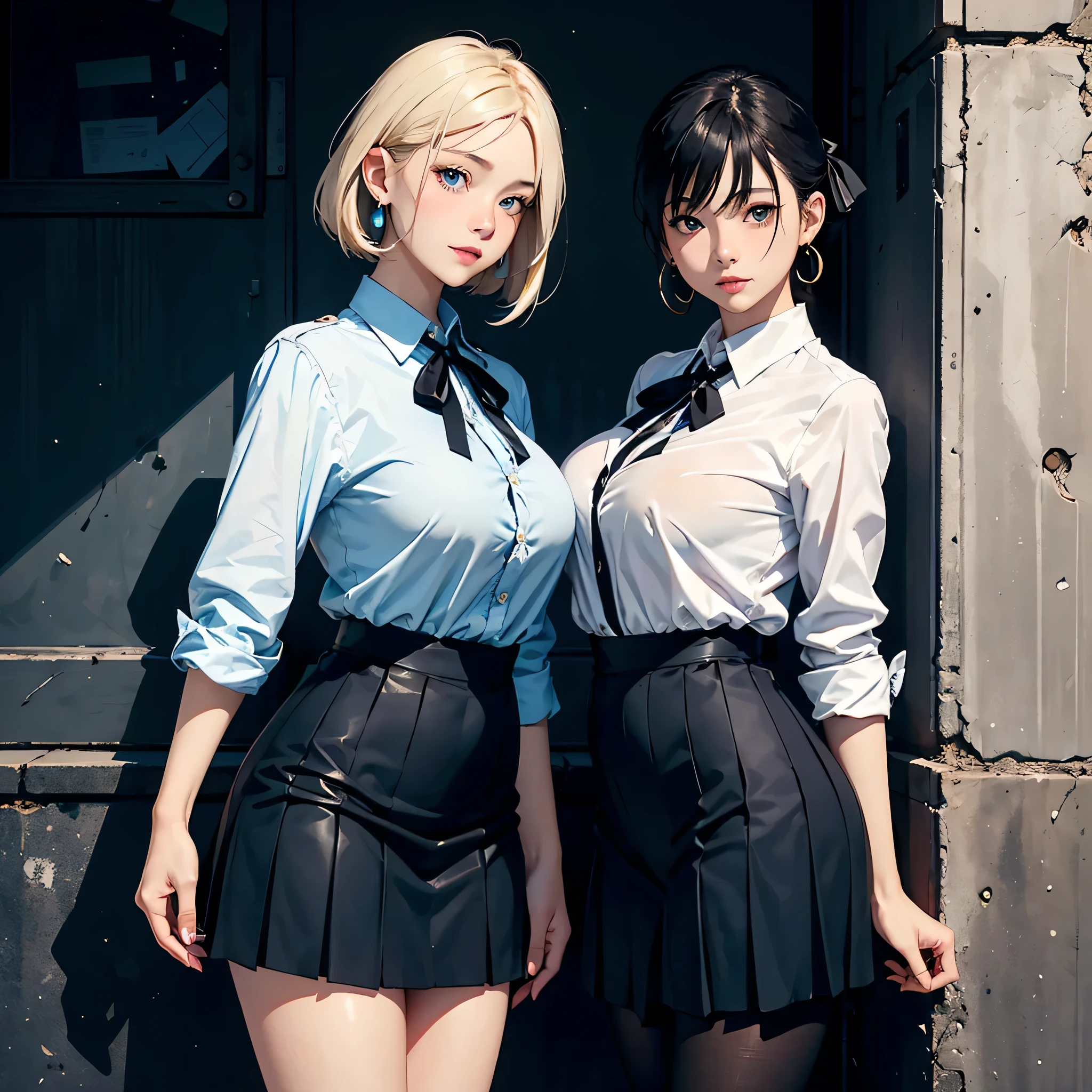 Two High School Girls　Wearing the same uniform　Both have short hair　The background is the classroom, nffsw, retinas, masutepiece, ccurate, Anatomically correct, Textured skin, Super Detail, high details, High quality, Best Quality, hight resolution