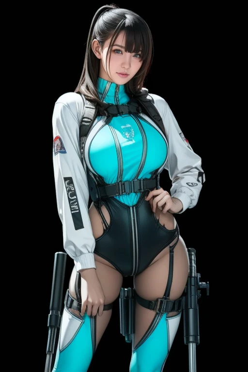 Best Quality、Amazing details、Ultra-high resolution、（realism：1.4）、（（close：0.75））、One woman is very condensed、Beautiful and delicate face、Perfect Proportions、Narrow your target audience、Large Breasts）、Brown Hair、（Turquoise and white tech suit）、（Cyborg Vs.. Police uniform、、、Black and grey mech、Military Harness、RPG-7 (English)、Hitch Tech Flamethrower Tank Transport）、The background is a simple gray wall、