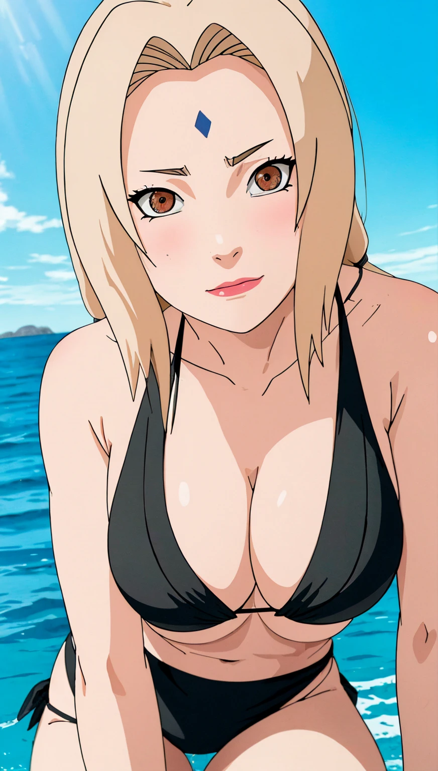 (masterpiece, Best Quality:1.2), Alone, One Girl, Tsunade Defense, Mark on the forehead, View your viewers、((Embarrassed face、Ocean、Natural Light、Black Bikini))、Close-up portrait of a person、Beautiful girl with beautiful details, Very cute, Beautiful girl with beautiful details, Professional photography lighting, Eyes and face are highly detailed, Beautiful eyes for every detail、Beautiful detailed hair, Beautiful and exquisite cold face、