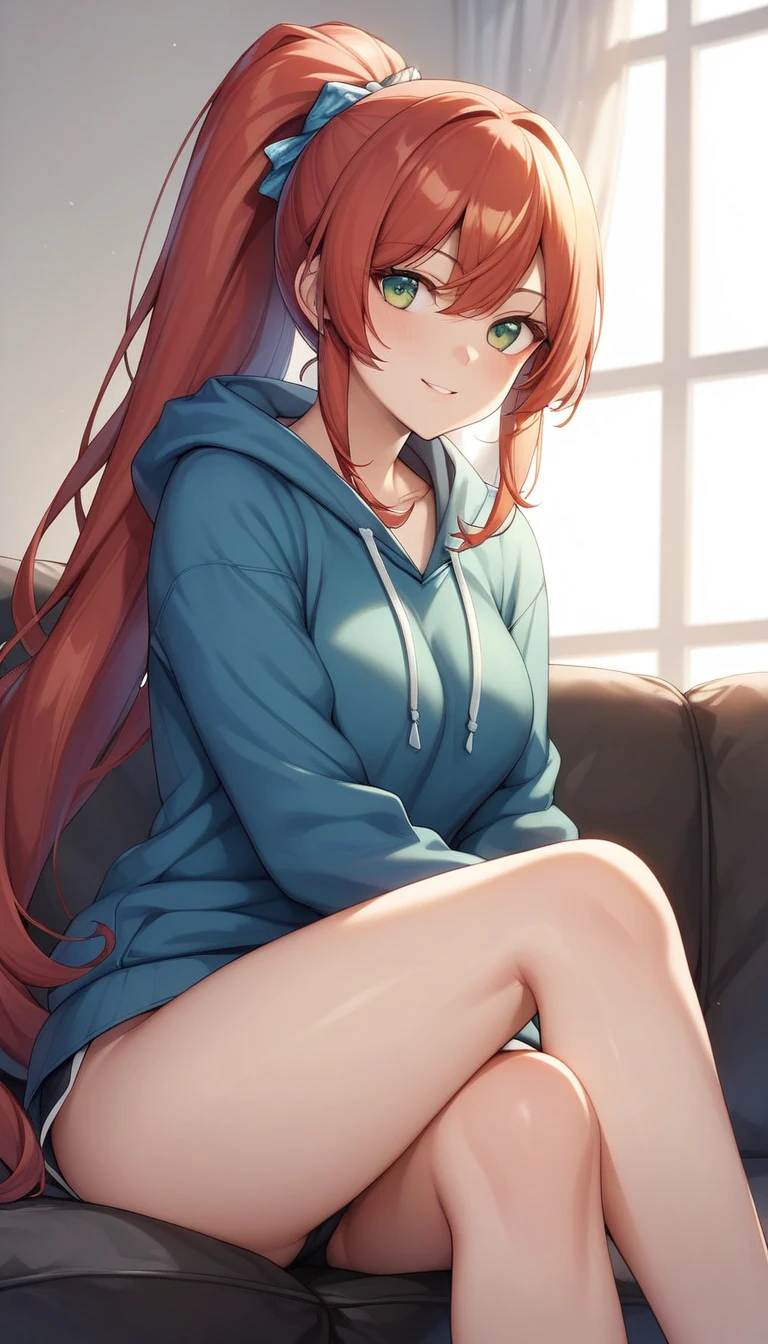 from side, Looking Side Glance, cowboy shot, there is, hoodie, One anime-style woman,  Red Hair, Long Hair, Long Ponytail, Green Eyes、Sitting on the sofa, Squint your eyes, Sulky look, Best Quality、masterpiece