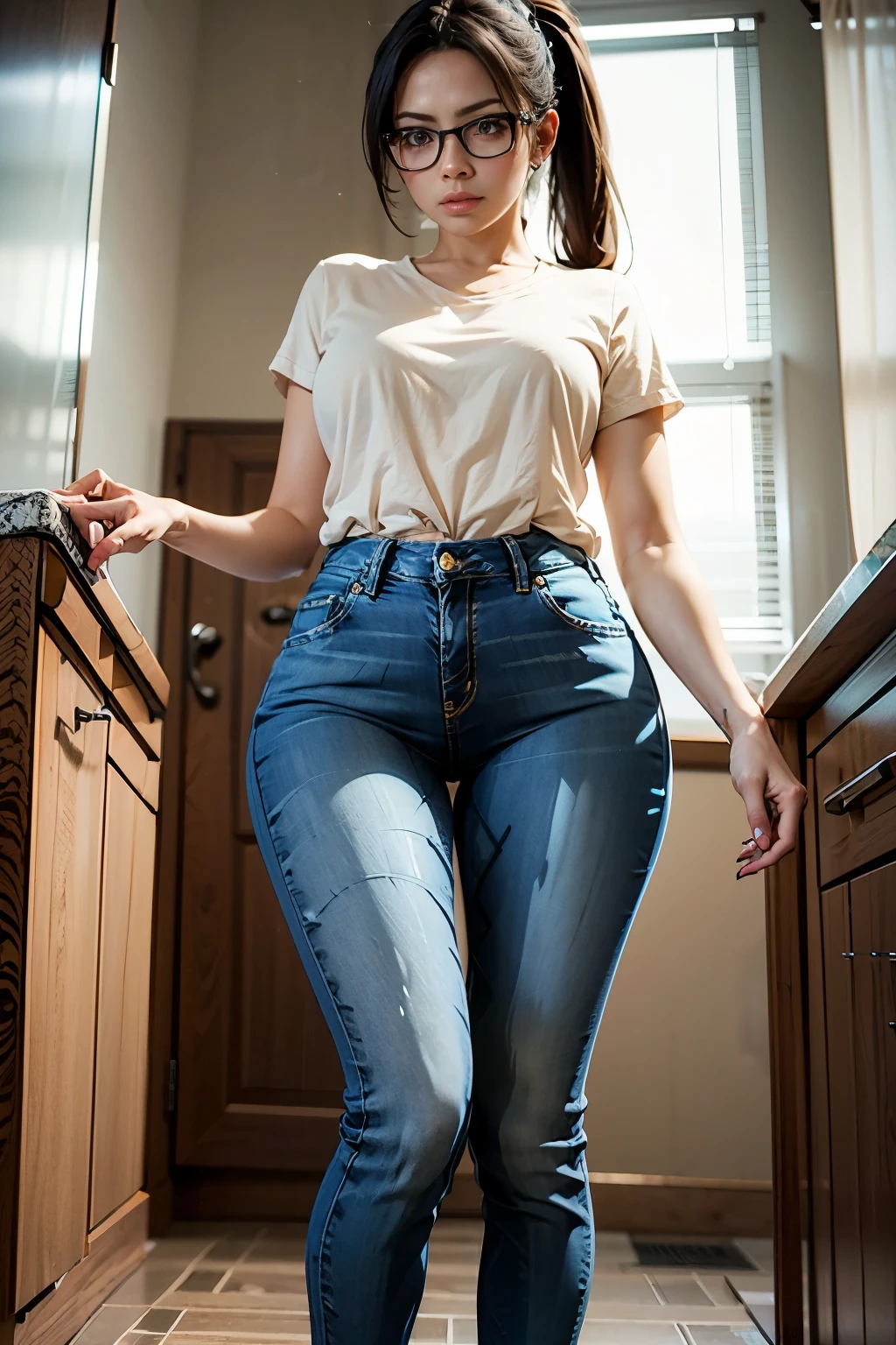 1 girl standing, Wear loose jeans, White loose shirt，Very detailed, Practical,  , Ponytail，Wearing glasses，Cover your crotch