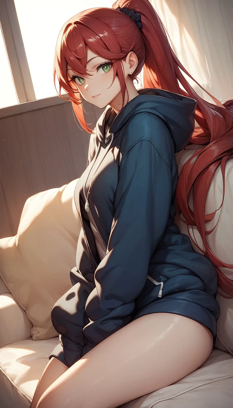 shoot from side, looking at  viewer, there is, hoodie, One anime-style woman,  Red Hair, Long Hair, Long Ponytail, Green Eyes、Sitting on the sofa, Squint your eyes, Sulky look, Best Quality、masterpiece