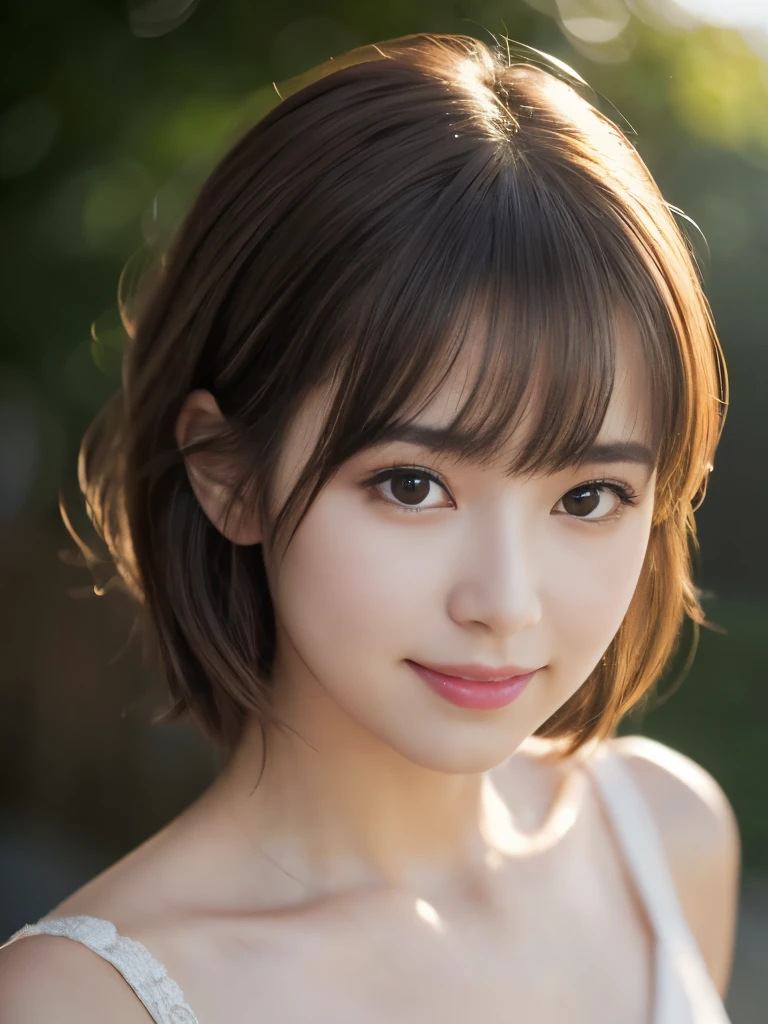 (Best Quality,8K quality,masterpiece:1.3),(Ultra-high resolution,Realistic:1.4,Live Shooting),(Super detailed,Caustics),(Ultra-Realistic Capture,Beautifully detailed skin),1,Beautiful Japanese, Medium Hair, Messy Hair, Asymmetrical bangs, Brown Hair, Smiling and looking at the camera,Soft Light,A ray of light shining from above,Natural Light,