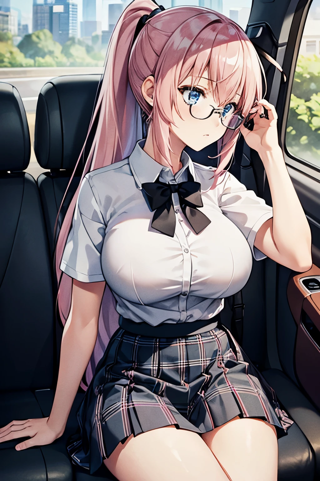 1girl, Solo, Sitting in the car, looking away,glasses, ponytail,Long Hair, pink hair,bangs,High Resolution, blue Eyes, Best Quality, Masterpiece, White shirt, short sleeve shirt, black plaid skirt, Black tie,, short skirt,,big breast