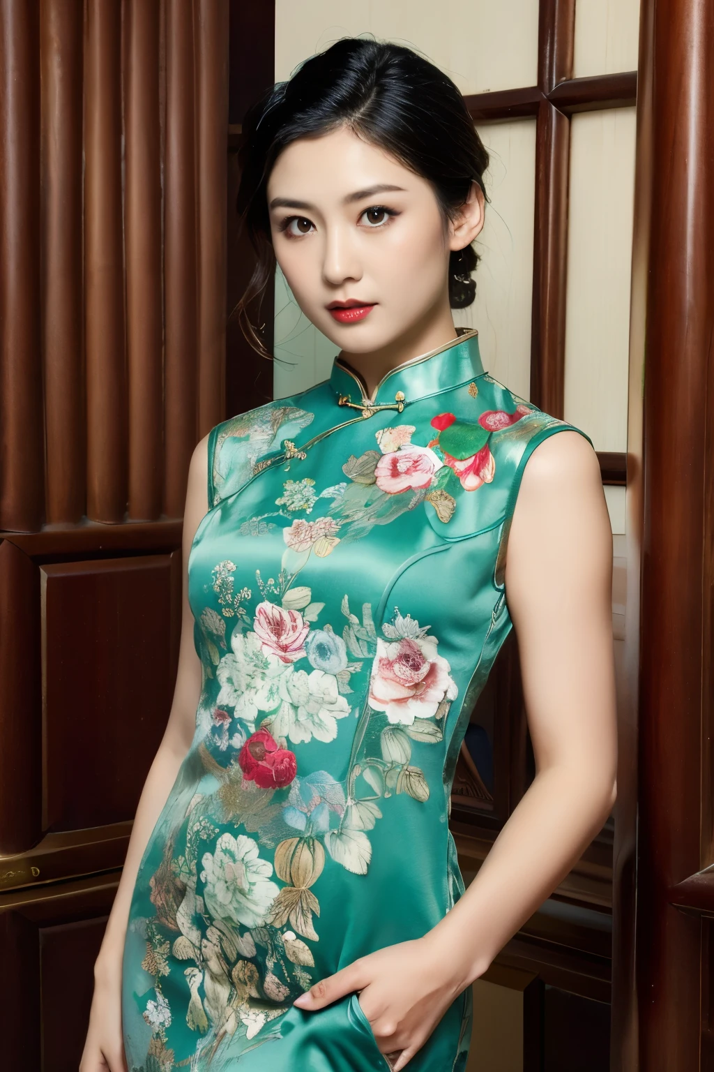 （masterpiece，quality，Best quality，Official art，Beauty and aesthetics：1.2）， 1 woman, cheongsam