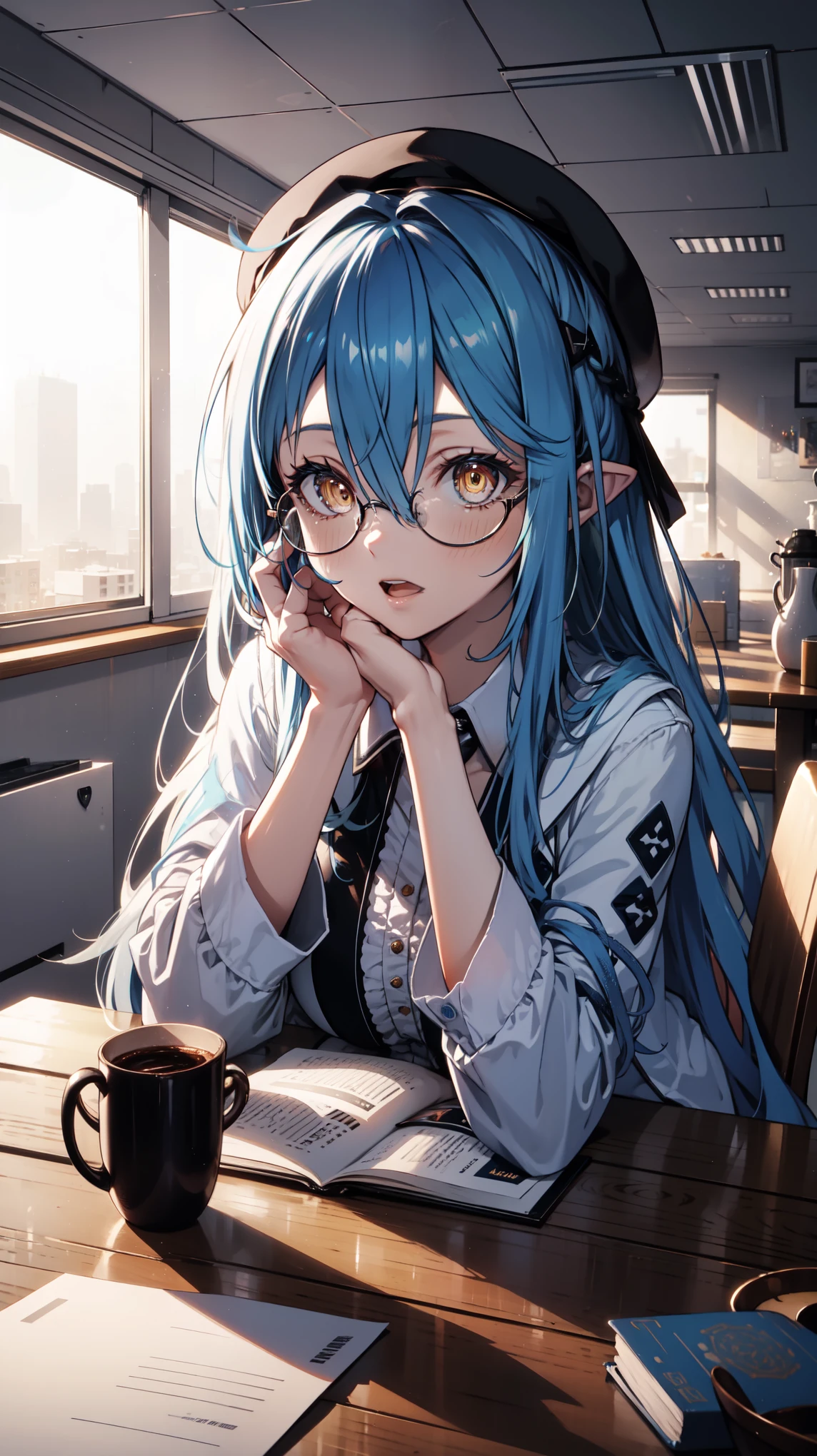 masterpiece, Best quality, 1 Girl, Solitary, blush, Snowflake Rummy, student，Beret，in love，happy，Long hair, Hair between eyes, Glasses, ((Office Clothing)), Sitting, Working on, There is a cup of coffee on the table, office, indoor, sunlight, Movie Posters, Extremely detailed 8K, smooth, high resolution, Ultra-high quality, movie lighting, Ambient Occlusion, HD, 2k, 4K, 8K, 16K, Very detailed anime, Delicate face, Perfect composition, Broken clothes