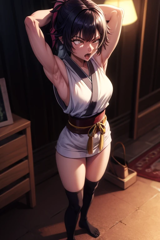 masterpiece, Best Quality,  Unreal Engine,  super resolution, Very detailed, 
japanese clothing,Runny nose,  stick out your tongue, no underwear,Short hair, Small Breasts, no eyeballs, For the audience, looking at the audience, [tired, from below, (Exposed Armpits:1.1), ((Armpits:1.2)), Sweating, More and more sweat,(enthusiast ), (翻White eyes), open your mouth, stick out your tongue, saliva, Drooling,slim, raise arms, (raise arms above your head:1.5), (muscle:1.2),White eyes, White eyes球, syncope, 翻White eyes,Kneel down.
beautiful woman, March, short kimono, Heart, Gorgeous belt, fingerless gloves, bike shorts, [sock,Over the knee socks,or, ponytail,hair_ornament, vivid expression, healthy body, Smooth skin, Depicted by Heart, 

([humidity:1.5), beautiful eyes, (charming face:1.2), (beautiful skin), Tight waist, (Big Boobs), (Sweat), dynamic poses, 

In the world of Hunter Hunter, Outdoor, slums at night,