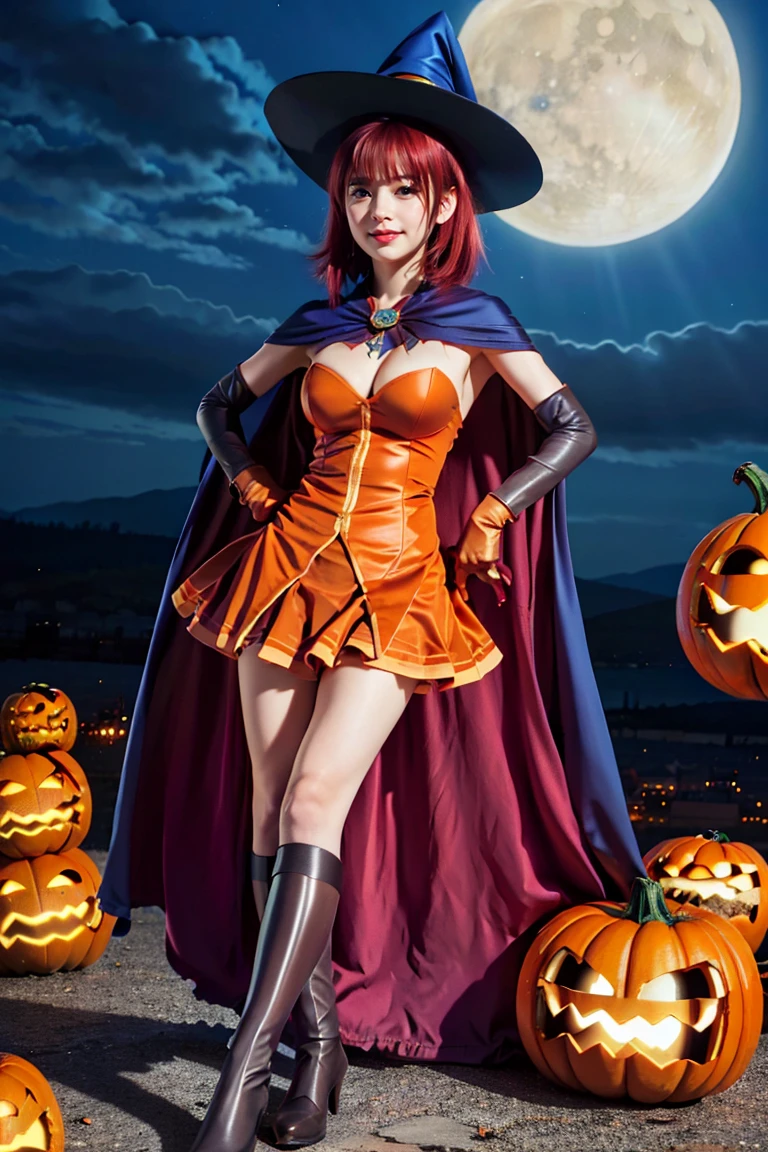 (extremely detailed face), grin, solo, (fluffy ponytail hair), young woman, 20yo, beautiful delicate eyes, green eyes, shiny lips, ((perl skin)), looking at viewer, (huge breasts, cleavage), standing position, full body, BREAK ((alice,short hair, red hair, blue cape, brown glove, orange dress, witch hat)), beautiful hip line, (best quality), 8K, (realistic), ultra high res, extreme detailed, masterpiece, cinematic lighting, autumn, ((Halloween night, a lot of Jack-o-lantern))