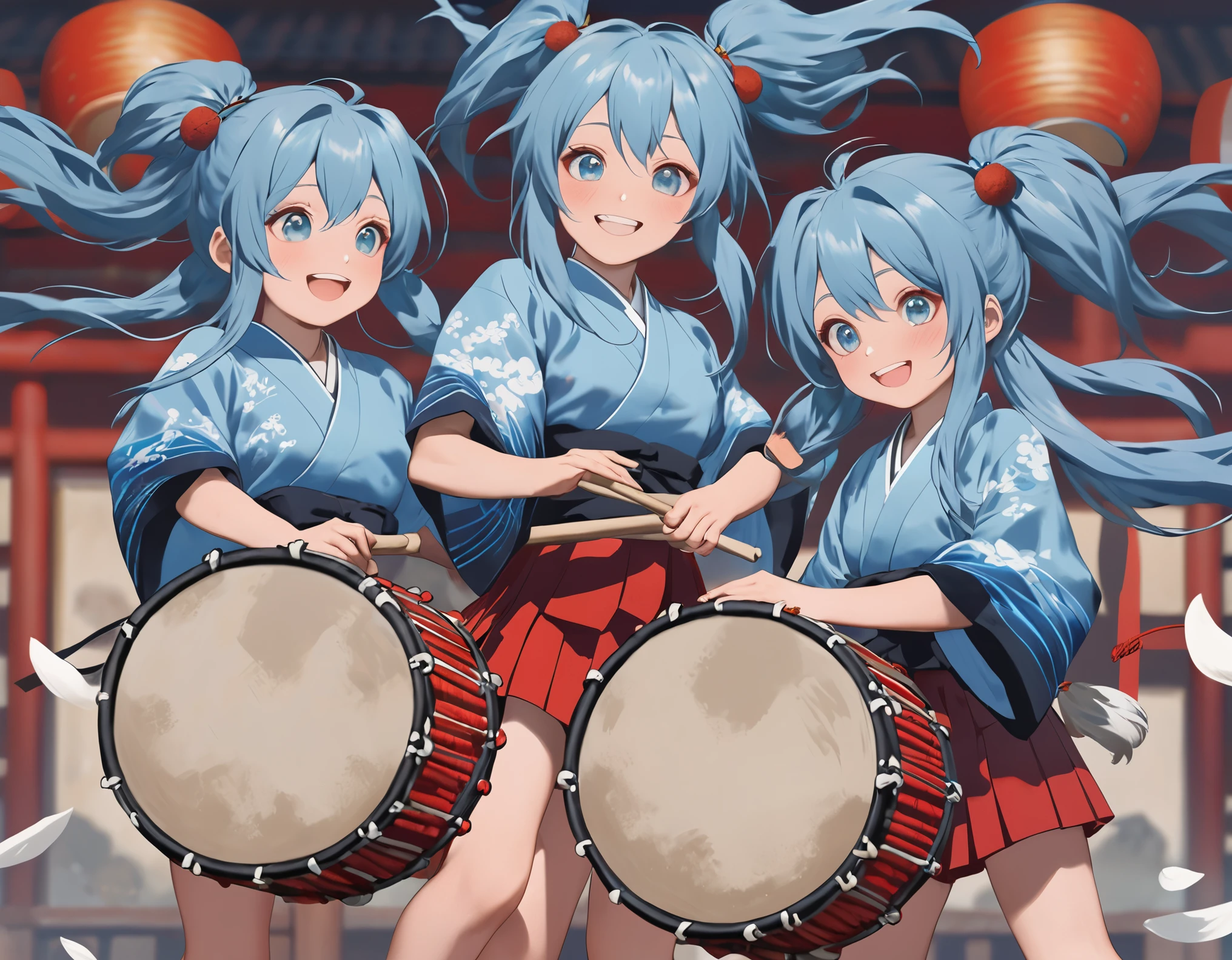 Anime Girls, Light blue long hair、Twin tails、Playing the Japanese drums、smile、