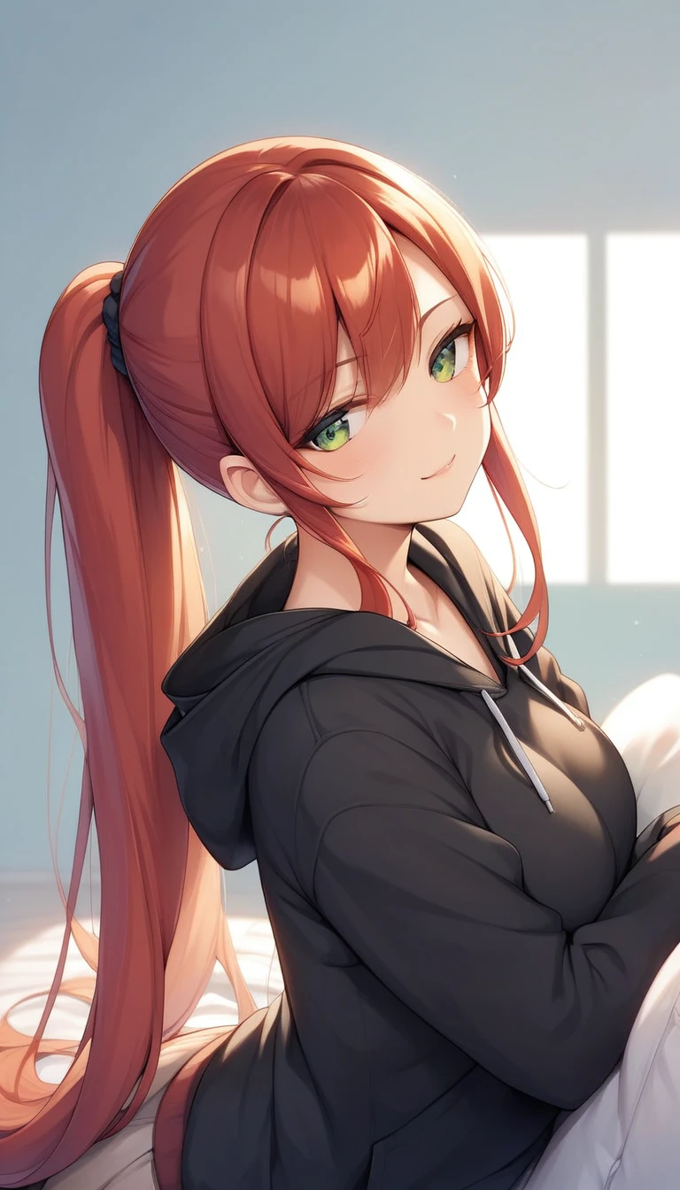 shoot from side, looking at  viewer, there is, hoodie, One anime-style woman,  Red Hair, Long Hair, Long Ponytail, Green Eyes、Sitting on the sofa, half-closed eyes, jitome, Best Quality、masterpiece, Upper body close-up