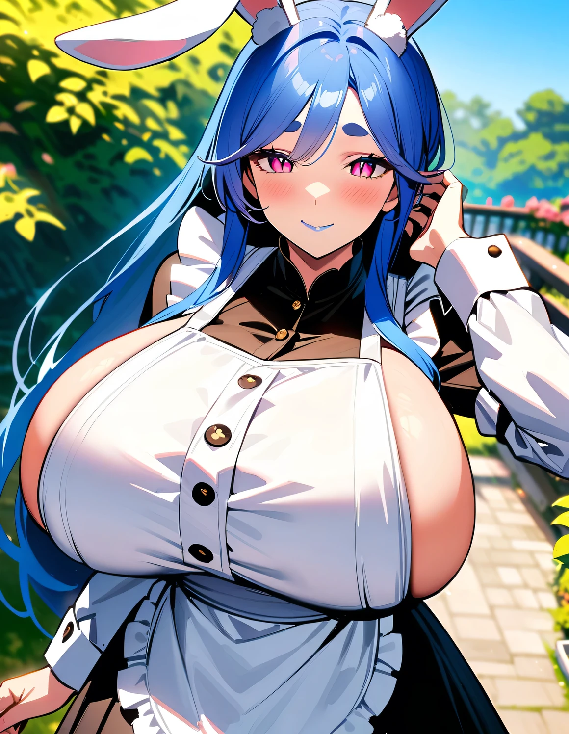 masterpiece, high quality, extremely detailed, 1girl, milf, solo, bunnygirl, pekomama, (huge breasts:1.5), ((((blue hair), long hair, pink eyes, slit pupils, rabbit ears))), blue lips, (((maid outfit, white apron, frilled apron, long sleeves, long skirt, frilled skirt))), ((light smile), closed mouth), ((garden))