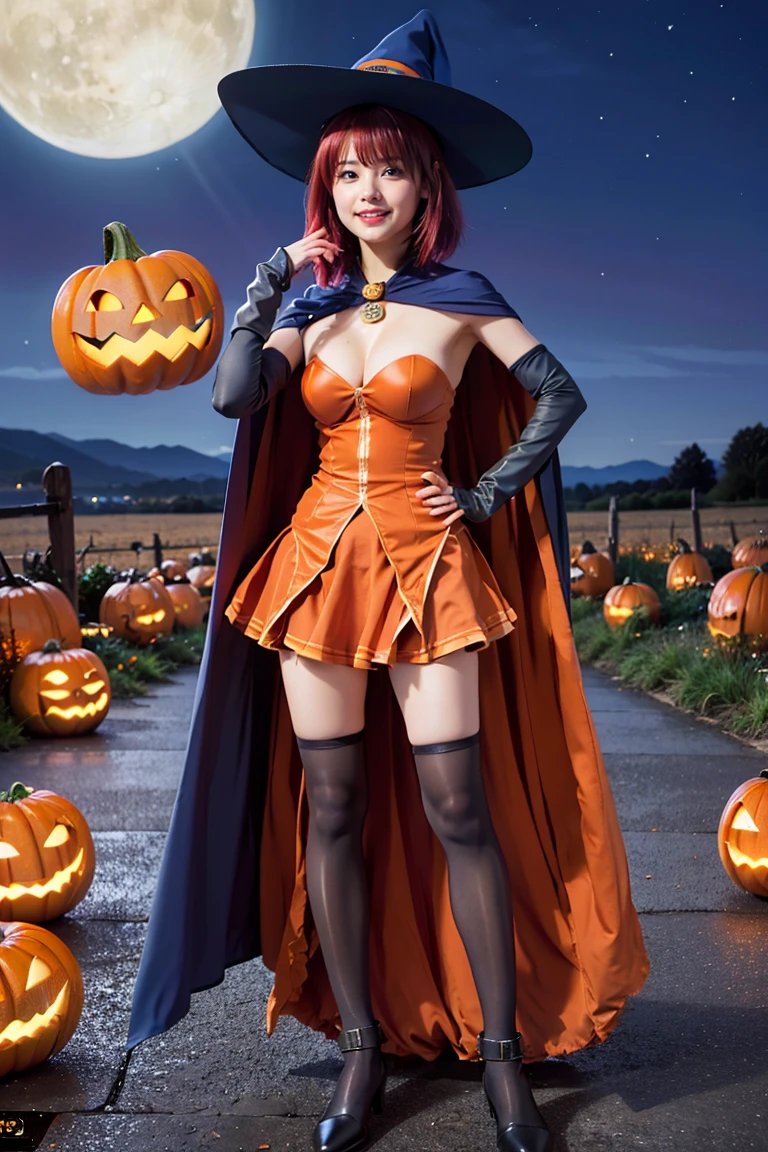 (extremely detailed face), grin, solo, (fluffy ponytail hair), young woman, 20yo, beautiful delicate eyes, green eyes, shiny lips, ((perl skin)), looking at viewer, (huge breasts, cleavage), standing position, full body, BREAK ((alice,short hair, red hair, blue cape, brown glove, orange dress, witch hat)), beautiful hip line, (best quality), 8K, (realistic), ultra high res, extreme detailed, masterpiece, cinematic lighting, autumn, ((Halloween night, a lot of Jack-o-lantern))