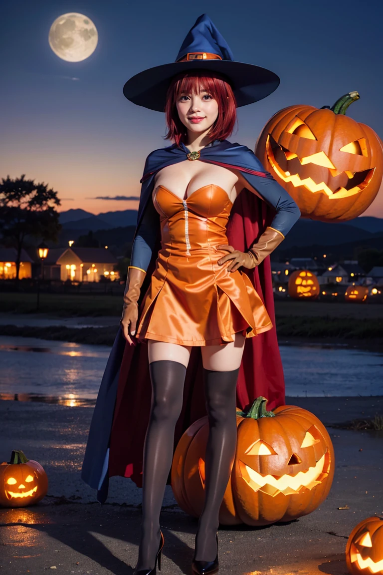 (extremely detailed face), grin, solo, young woman, 20yo, beautiful delicate eyes, green eyes, shiny lips, ((perl skin)), looking at viewer, (huge breasts, cleavage), standing position, full body, BREAK (((alice,short hair, red hair, blue cape, brown glove, orange dress, witch hat))), beautiful hip line, (best quality), 8K, (realistic), ultra high res, extreme detailed, masterpiece, cinematic lighting, autumn, ((Halloween night, a lot of Jack-o-lantern))