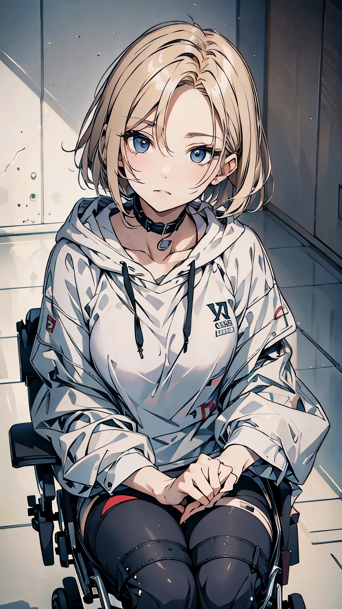 anime style, 20 years old Japanese woman, short blonde hair, black eyes, sharp gaze, slim build, determined expression, 160cm tall, wearing casual clothes (long-sleeved shirt or hoodie, stretch pants), using a modern compact electric wheelchair, leg braces visible, wrist supports, rehabilitation setting, subtle sadness in eyes, inner strength, (high quality, detailed facial features, soft lighting):1.2, (vibrant colors, clear lines):1.1