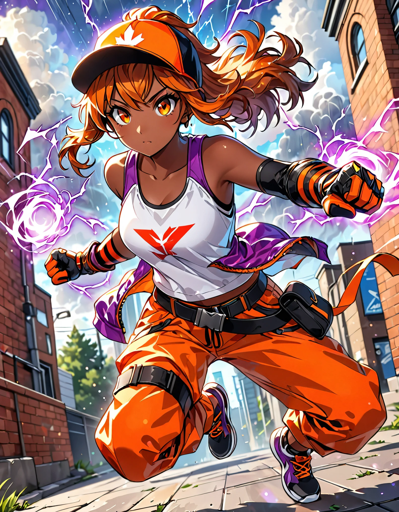 masterpiece, best quality, high res, 8k, highly detailed, professional, cute and attractive girl, collage-aged female, 1girl, solo, solo focus, dark-skinned female, parkour athlete, workout white tank top, yellow and orange polka dot windbreaker, backwards baseball hat, orange cargo pants with red stripes, orange eyes, beautiful eyes, Canadian, dynamic parkour running pose, full body with costume, black leather belt, tactical pouches, purple tactical gloves, (fist gauntlets, purple electricity, light particles), Capoeira fighter, action scene, no humans, tornado gust winds around her, dutch angle, perspective, cowboy shot