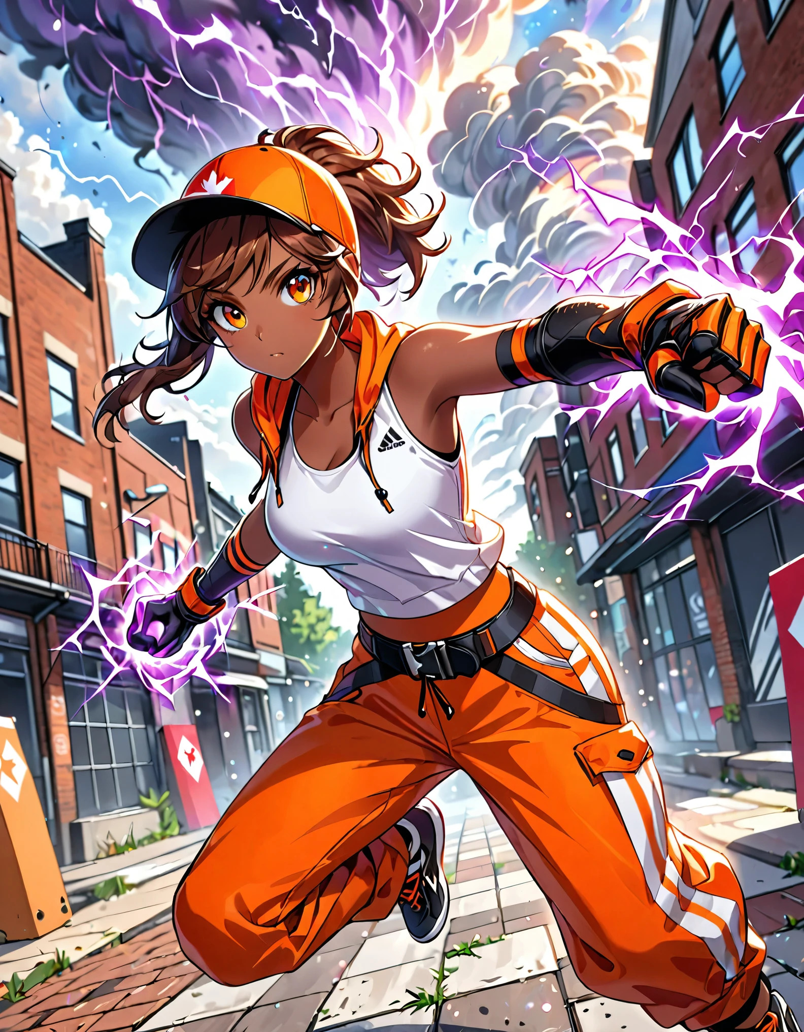 masterpiece, best quality, high res, 8k, highly detailed, professional, cute and attractive girl, collage-aged female, 1girl, solo, solo focus, dark-skinned female, parkour athlete, workout white tank top, yellow and orange polka dot windbreaker, backwards baseball hat, orange cargo pants with red stripes, orange eyes, beautiful eyes, Canadian, dynamic parkour running pose, full body with costume, black leather belt, tactical pouches, purple tactical gloves, (fist gauntlets, purple electricity, light particles), Capoeira fighter, action scene, no humans, tornado gust winds around her, dutch angle, perspective, cowboy shot