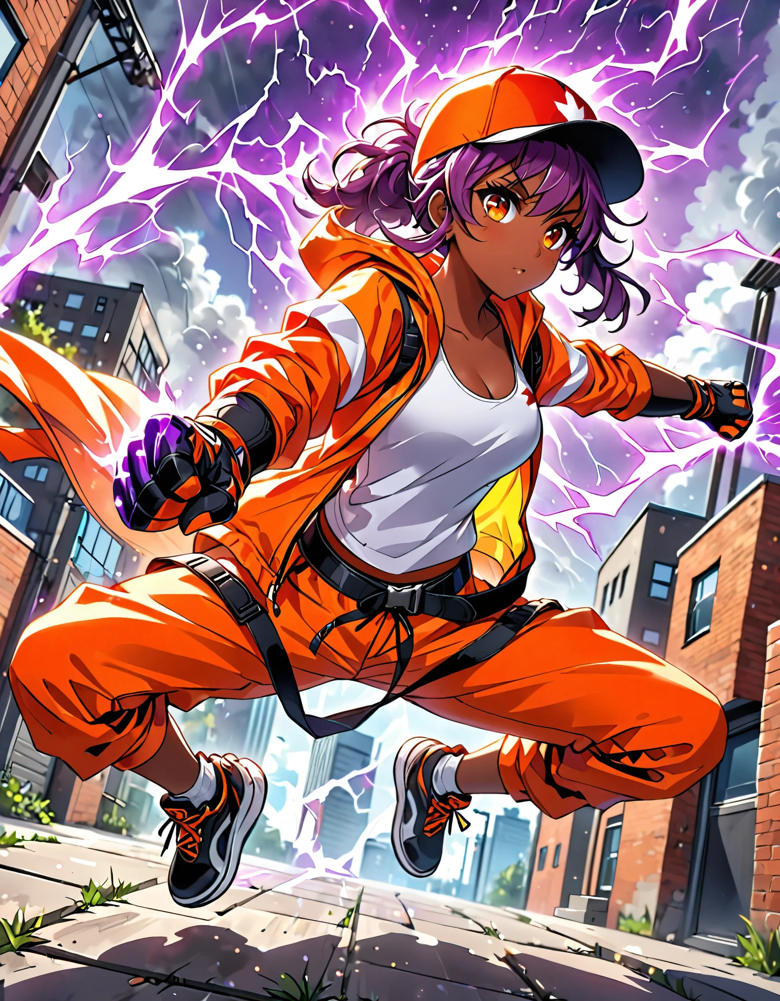 masterpiece, best quality, high res, 8k, highly detailed, professional, cute and attractive girl, collage-aged female, 1girl, solo, solo focus, dark-skinned female, parkour athlete, workout white tank top, yellow and orange polka dot windbreaker, backwards baseball hat, orange cargo pants with red stripes, orange eyes, beautiful eyes, Canadian, dynamic parkour running pose, full body with costume, black leather belt, tactical pouches, purple tactical gloves, (fist gauntlets, purple electricity, light particles), Capoeira fighter, action scene, no humans, tornado gust winds around her, dutch angle, perspective, cowboy shot
