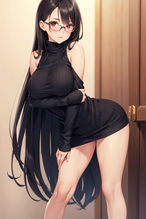 A girl has long black hair and she has large breasts and a large ass 